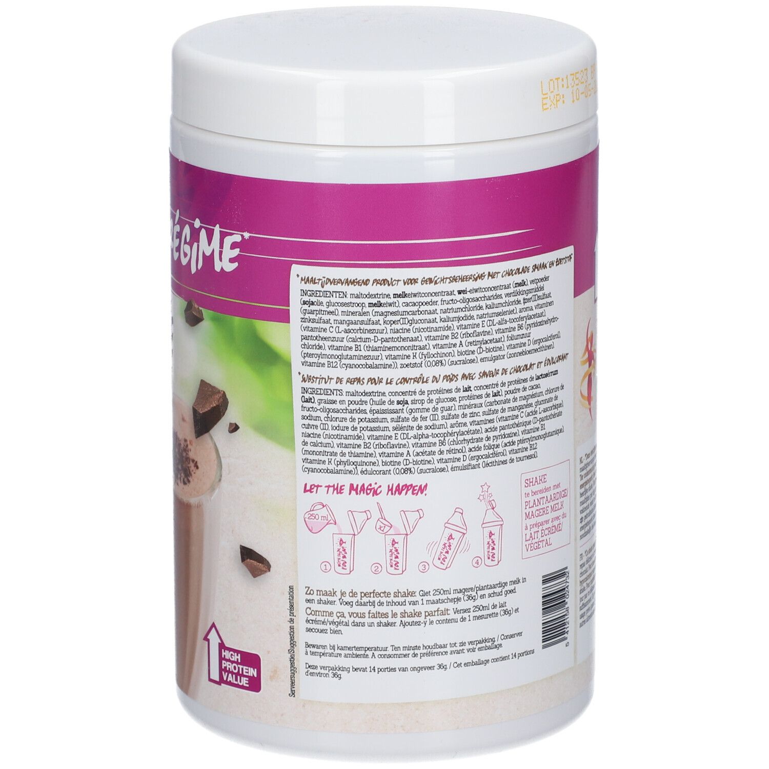 Dos du pot blanc avec texte et informations nutritionnelles. Marque Damhert. 520g. Avec flèche pour la valeur protéique.