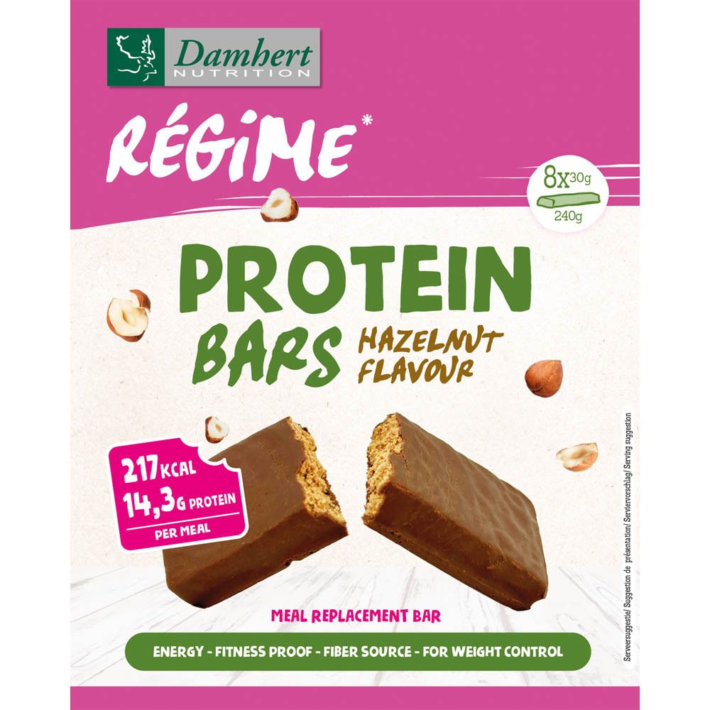 Verpakking met Damhert eiwitrepen, smaak hazelnoot. Bevat 8 repen. Opschrift: 14,3g eiwit per reep.