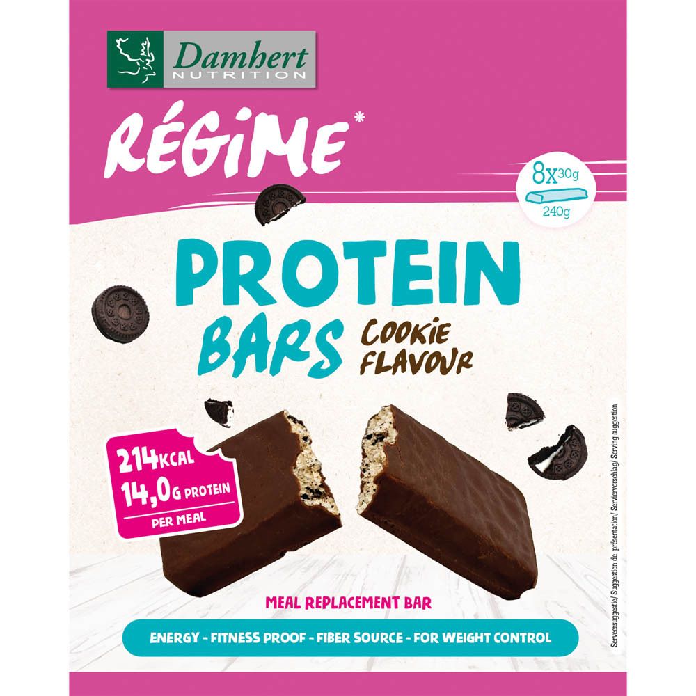 Emballage rose de barres protéinées. Inscription: Damhert Nutrition, Protein Bars, Cookie Flavour. 8 barres, 240g.