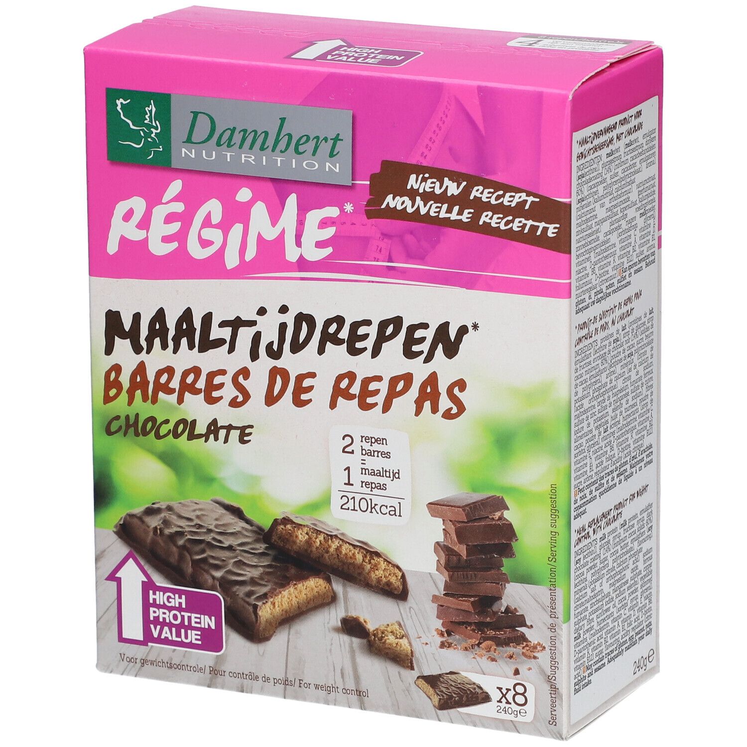 Boîte rose de barres chocolatées. Inscription: Damhert Nutrition, Régime, Maaltijdrepen, Barres de Repas, Chocolate. 8 barres.