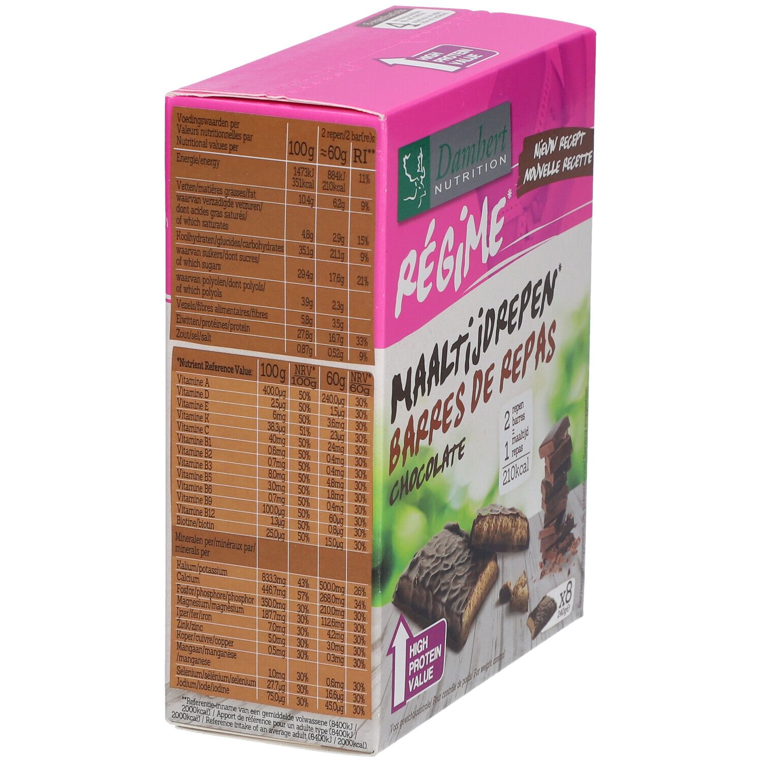 Vue latérale de la boîte rose avec informations nutritionnelles. Inscription: Damhert Nutrition, Régime, Maaltijdrepen, Barres de Repas, Chocolate.