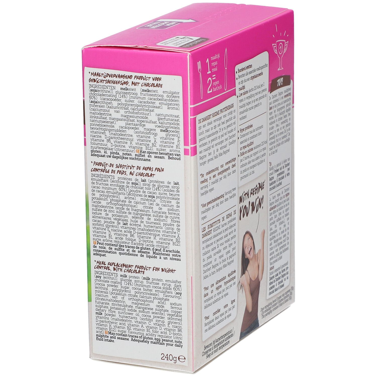 Vue latérale de la boîte rose avec texte. Inscription: Produit de remplacement de repas au goût de chocolat. Liste des ingrédients.