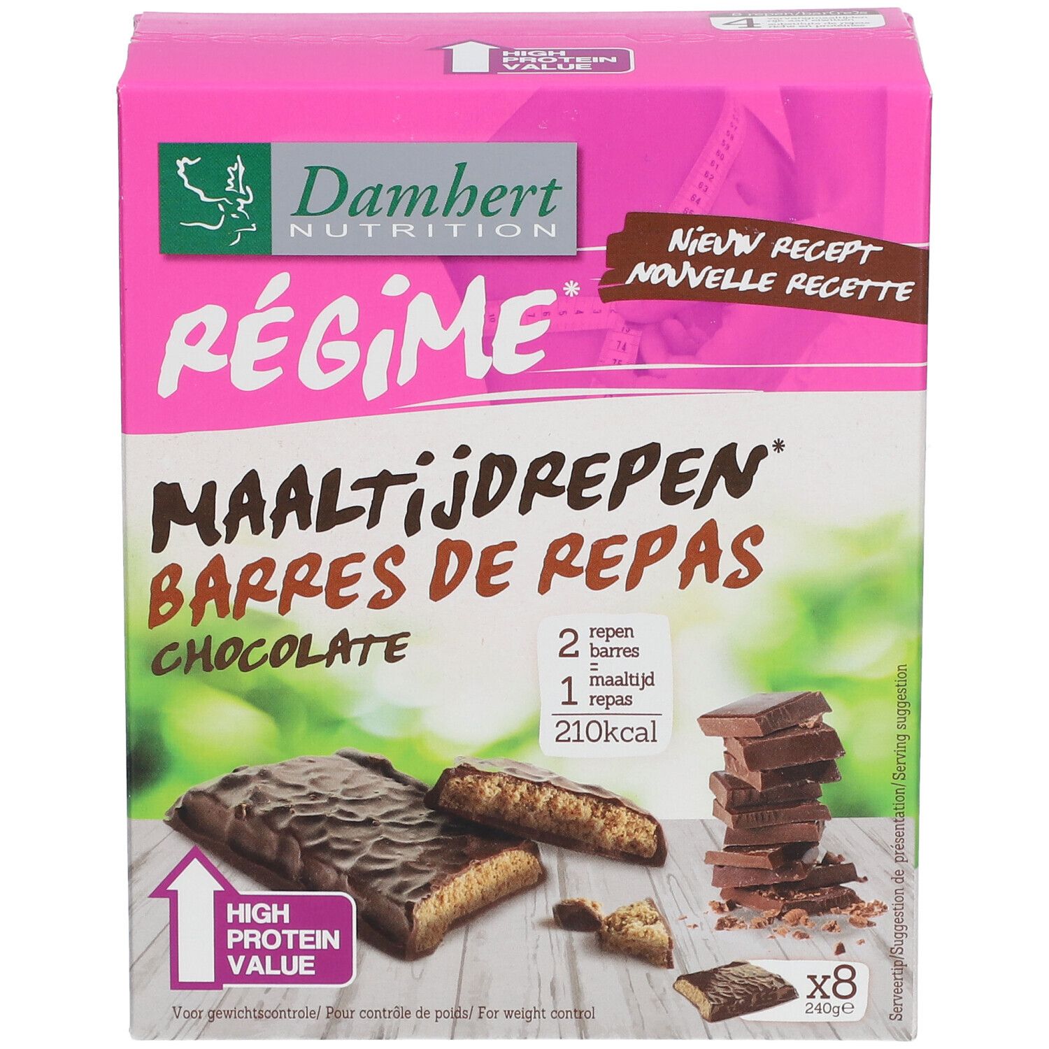 Boîte rose de barres chocolatées. Inscription: Damhert Nutrition, Régime, Maaltijdrepen, Barres de Repas, Chocolate. 8 barres.