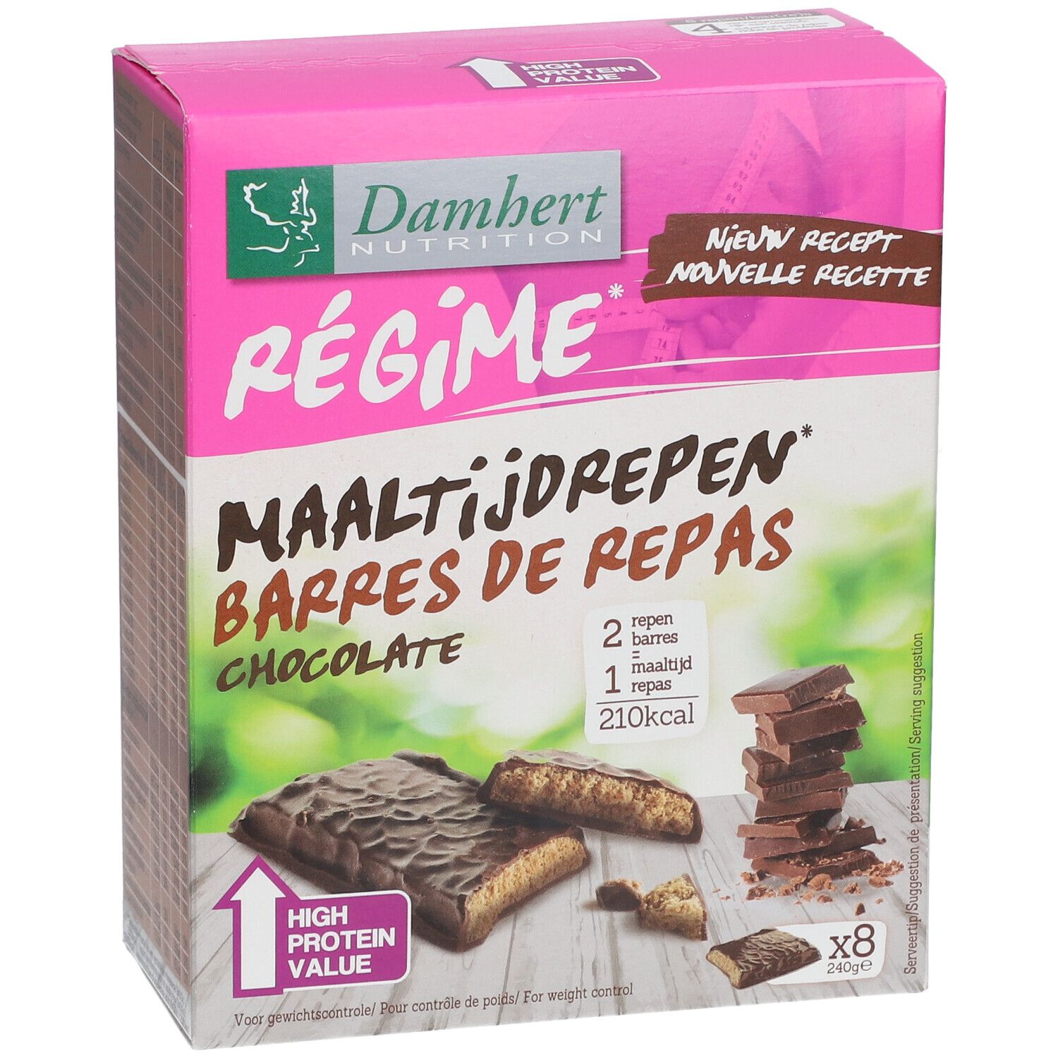 Boîte rose de barres chocolatées. Inscription: Damhert Nutrition, Régime, Maaltijdrepen, Barres de Repas, Chocolate. 8 barres.