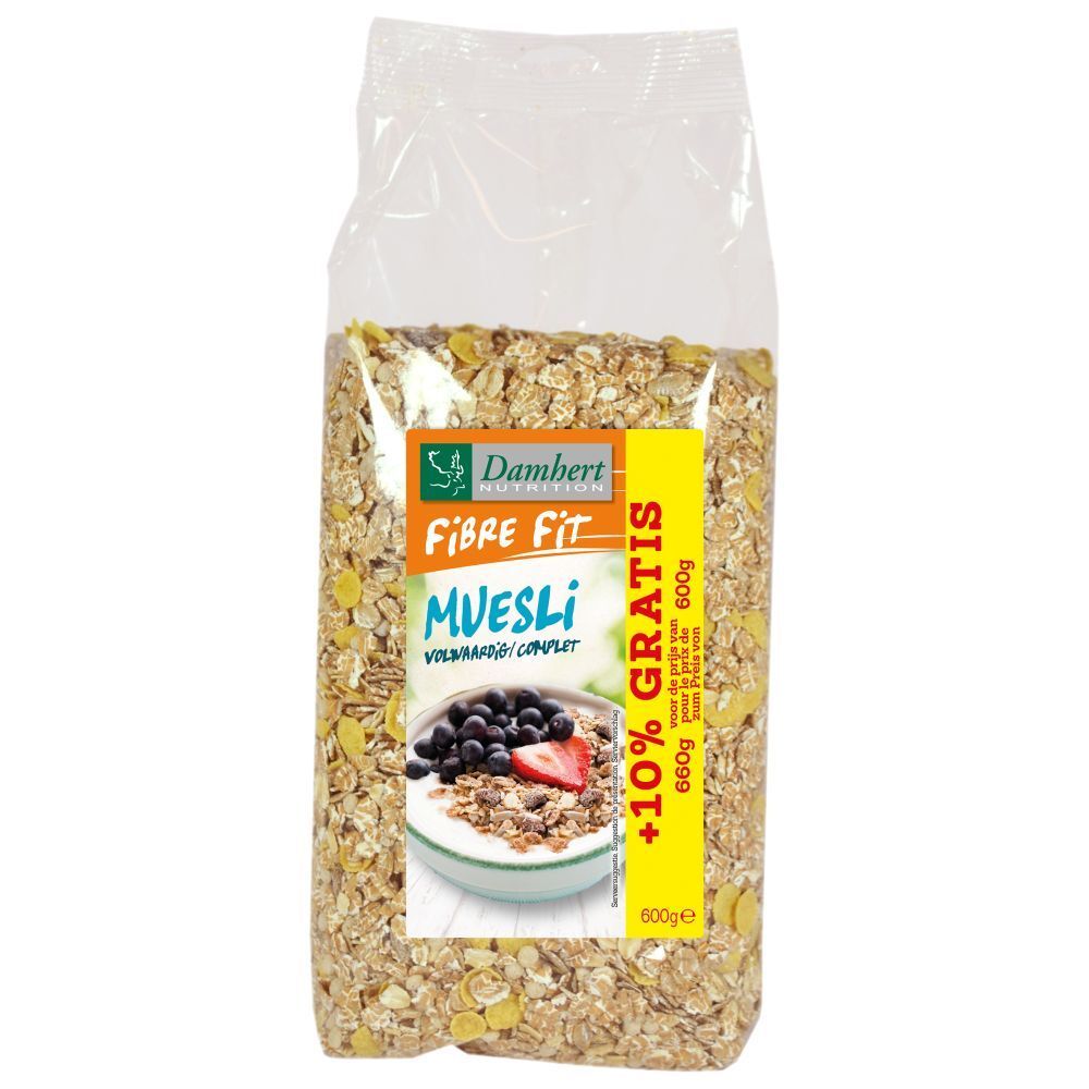 Transparante verpakking met muesli. Opdruk: Damhert Fibre Fit Muesli, afbeelding met bessen. +10% gratis. 660g.