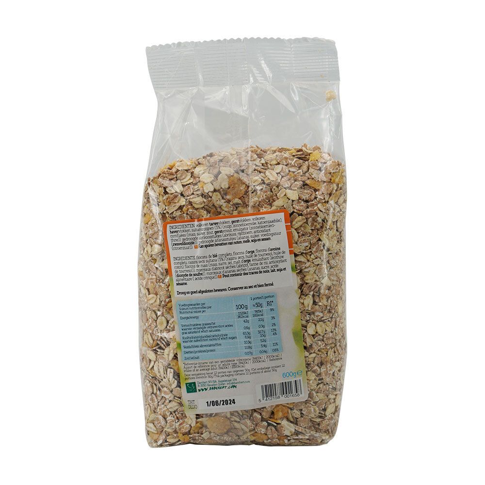 Achterkant van de muesliverpakking. Transparante folie met voedingswaarde-informatie en ingrediëntenlijst.