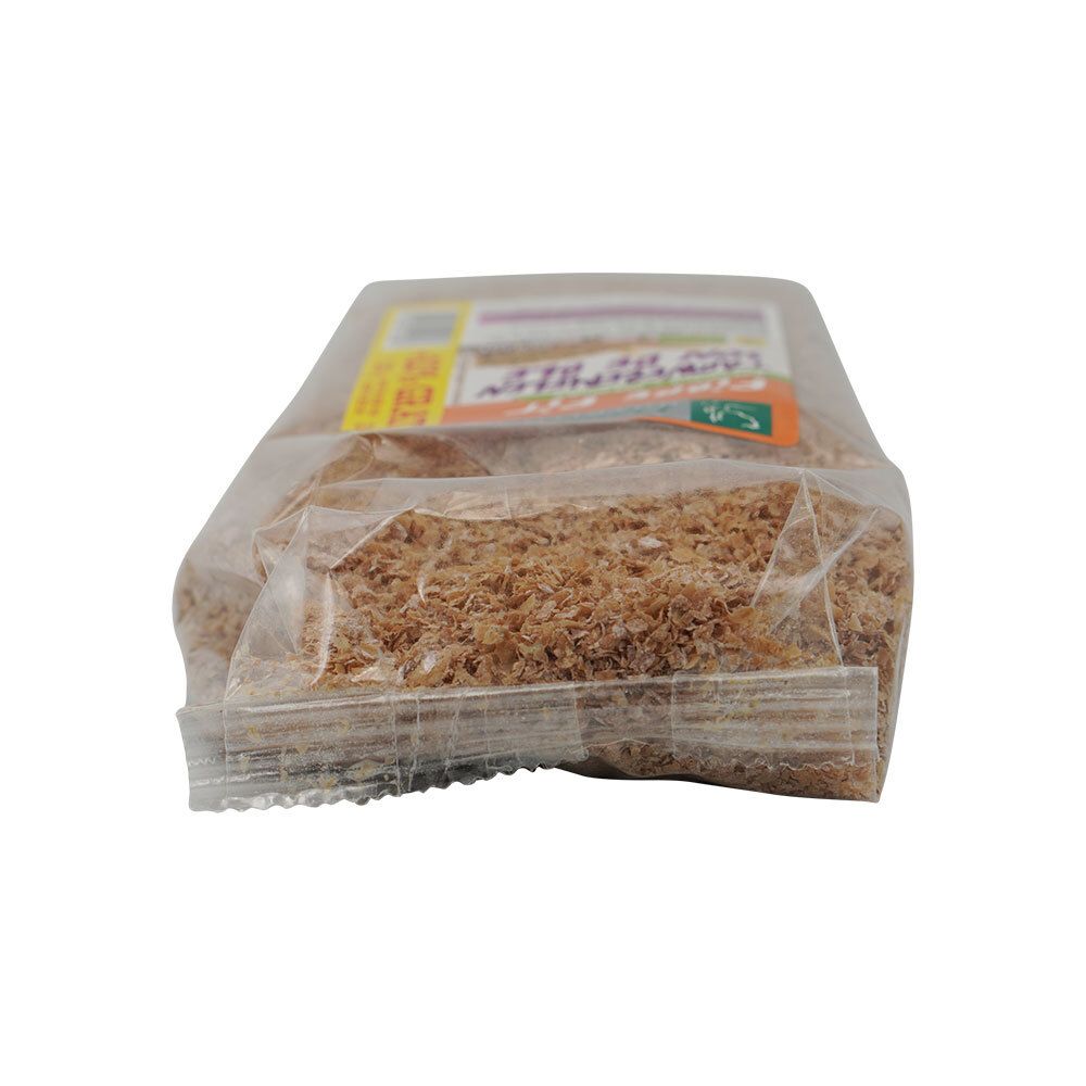 Bovenaanzicht van de transparante verpakking met Damhert Fibre Fit Weizenkleie BIO. Inhoud zichtbaar.