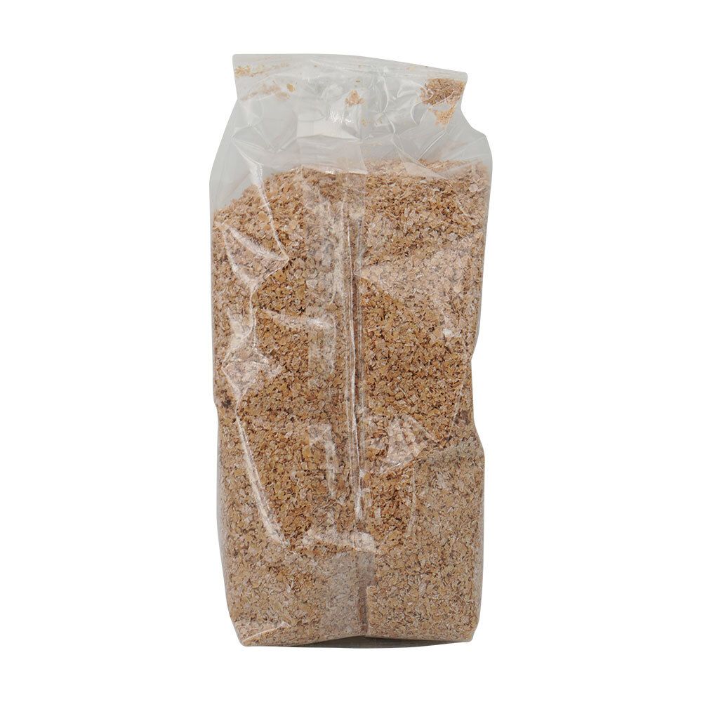 Achteraanzicht van de transparante verpakking met Damhert Fibre Fit Weizenkleie BIO. Inhoud zichtbaar.