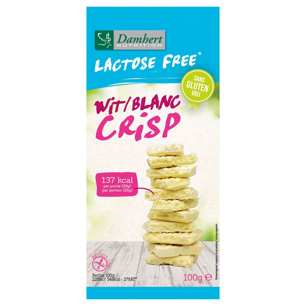 Verpackung Damhert Weiße Schokolade Crisp. Aufschrift "Lactose Free", "Sans Gluten". Stapel weißer Crisps. 137 kcal pro Portion. 100g.