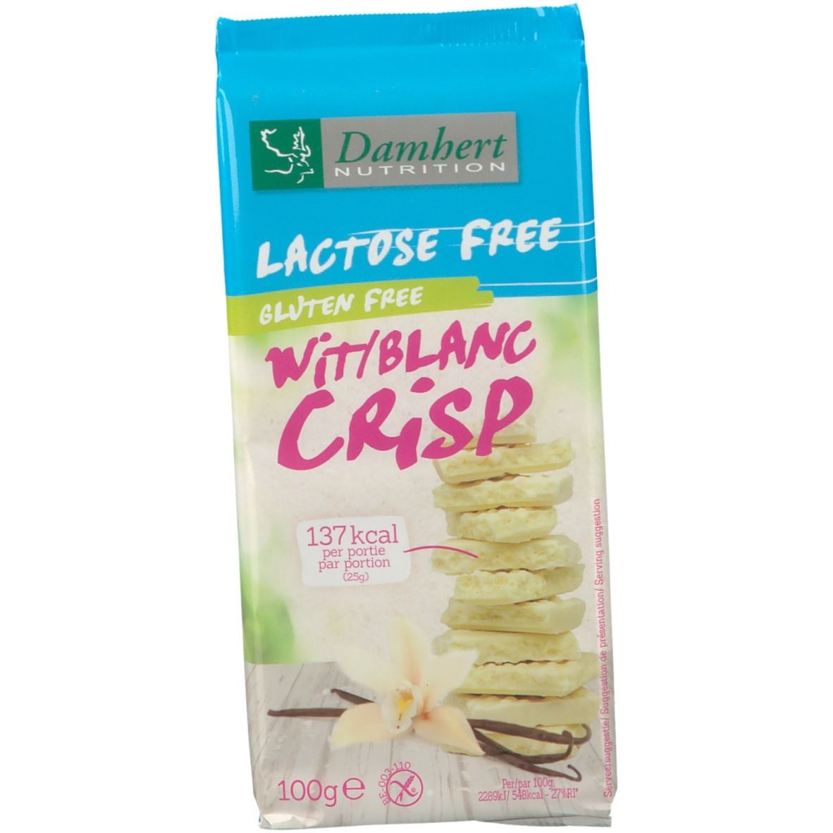 Verpackung Damhert Weiße Schokolade Crisp. Aufschrift "Lactose Free", "Gluten Free". Stapel weißer Crisps, Vanilleschoten. 100g.