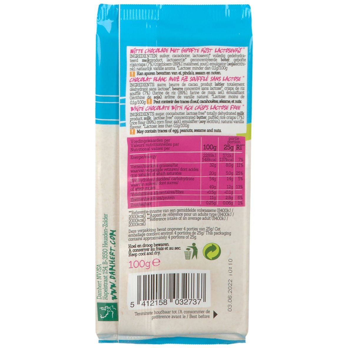Rückseite der Damhert Weiße Schokolade Crisp Verpackung. Text in mehreren Sprachen. Nährwertangaben. 100g. Mindesthaltbarkeitsdatum.