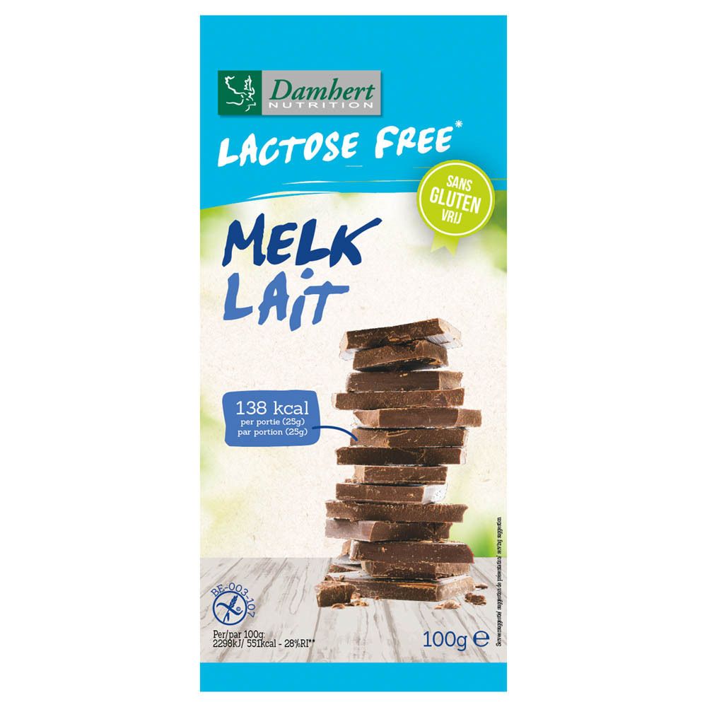 Schokoladenverpackung mit "Lactose Free" und "Sans Gluten" Aufdruck. Geöffnete Verpackung mit Schokoladenstückchen.