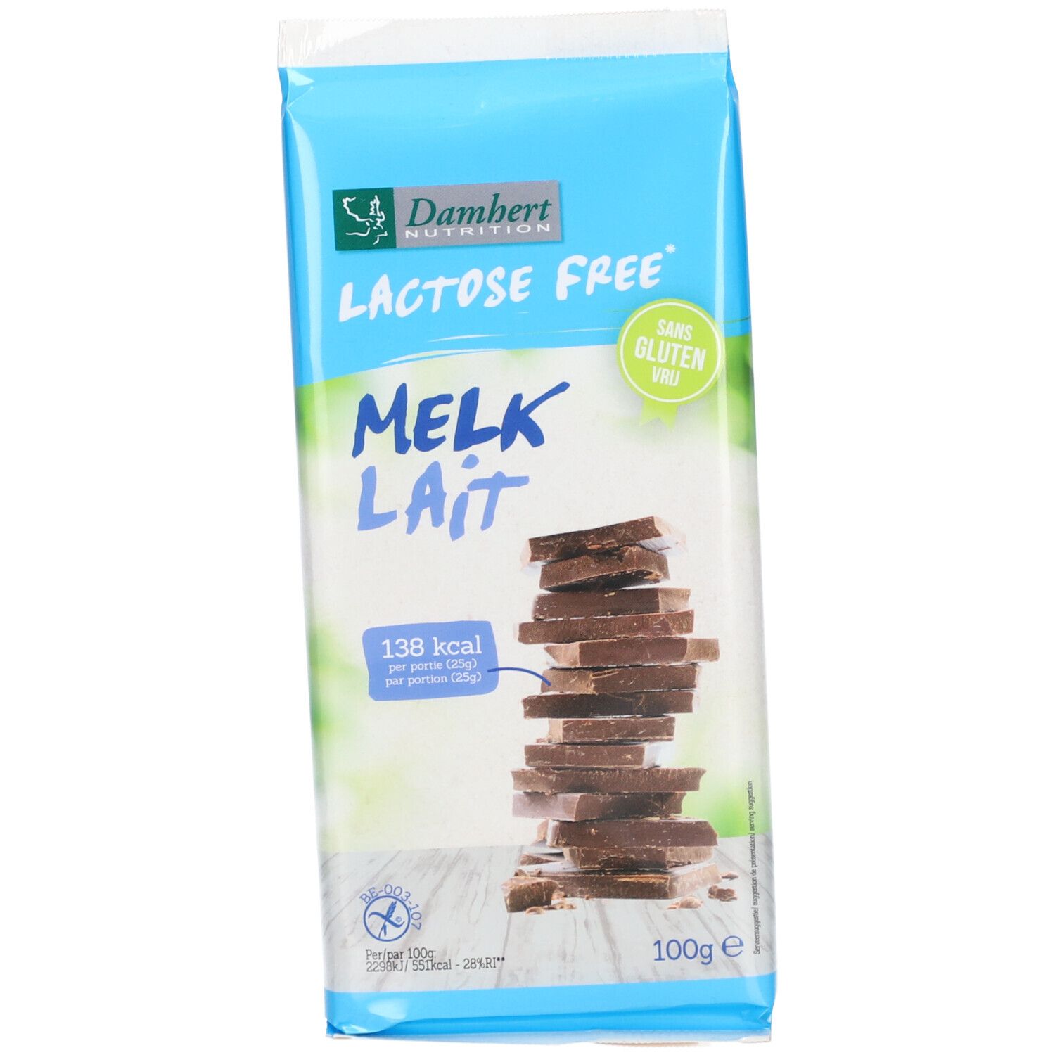 Verpackung mit Schokolade. "Lactose Free" und "Sans Gluten" Aufdruck. Geöffnete Verpackung mit Schokoladenstückchen.