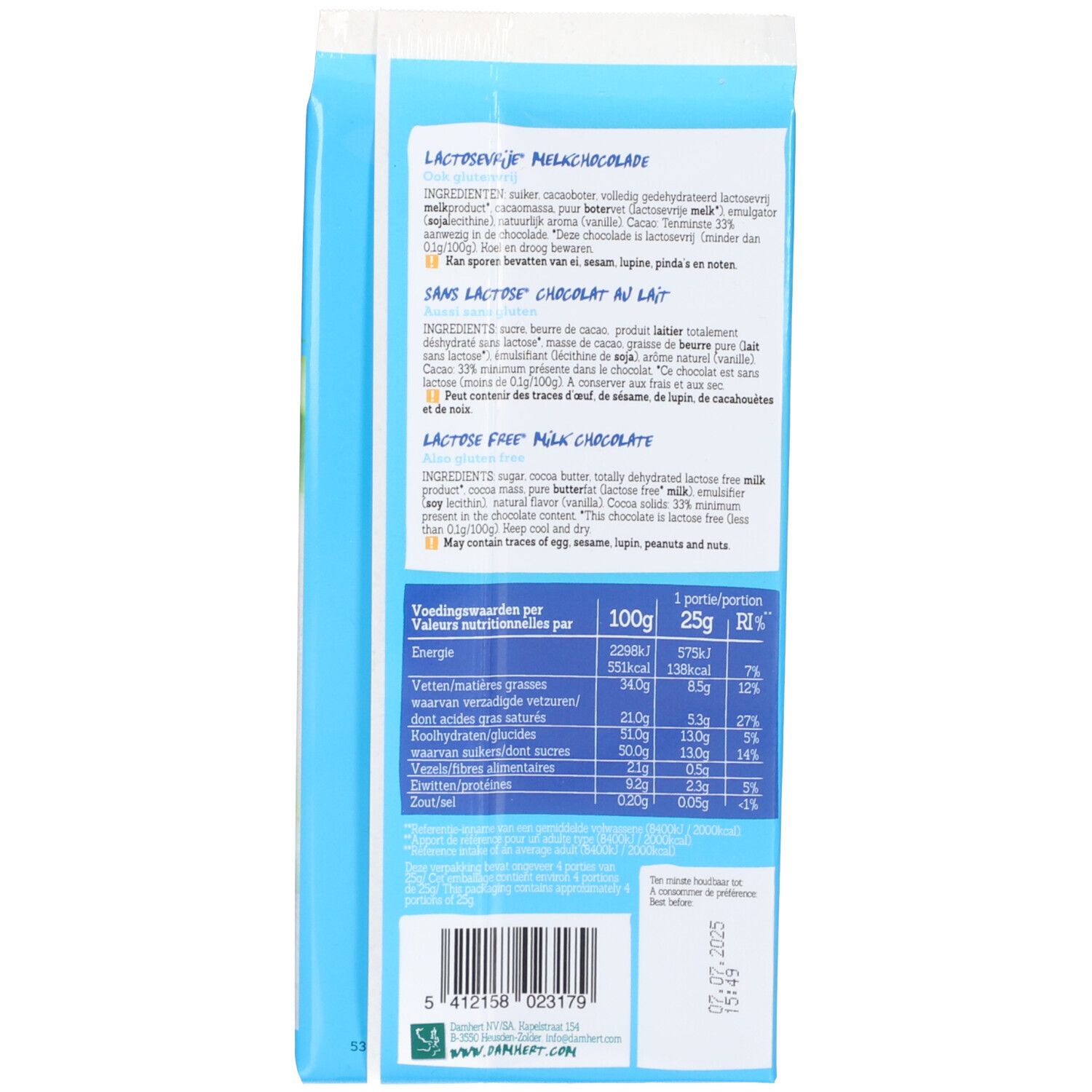 Rückseite der Schokoladenverpackung. Text mit Nährwertangaben und Zutaten. "Lactose Free" und "100g e" Aufdruck.