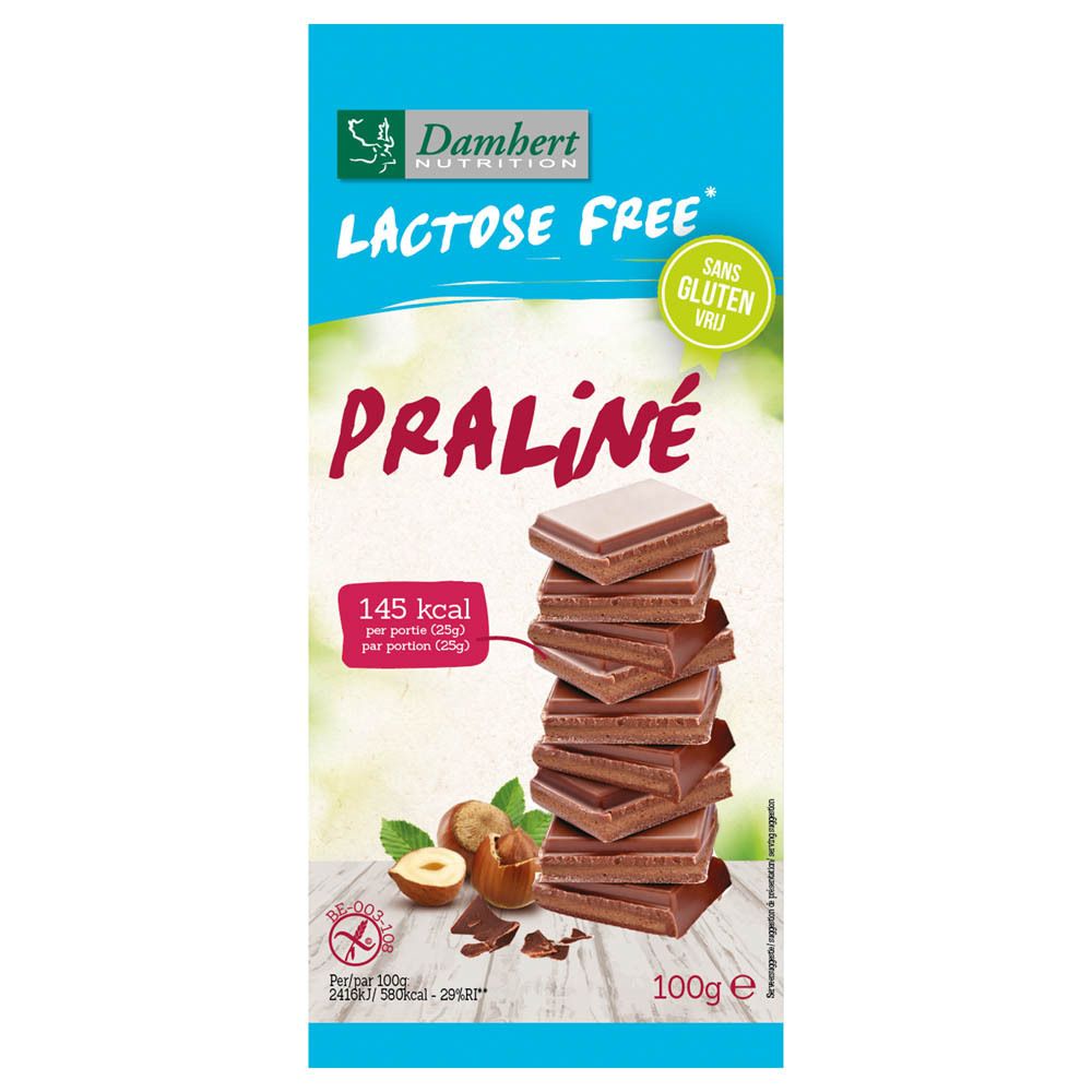 Chocolat Praliné emballé. "Sans lactose" et "Sans gluten" sur fond bleu et blanc. Morceaux de chocolat ouverts avec des noisettes.