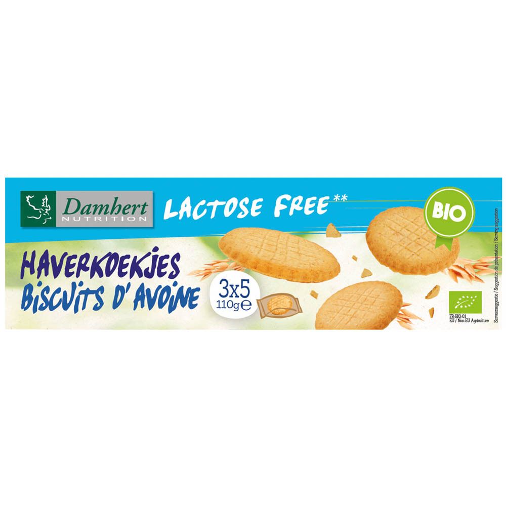 Blau-weiße Verpackung mit Keksen. Aufschrift: Laktosefrei, Haferkekse, BIO. Einzelne Kekse abgebildet.