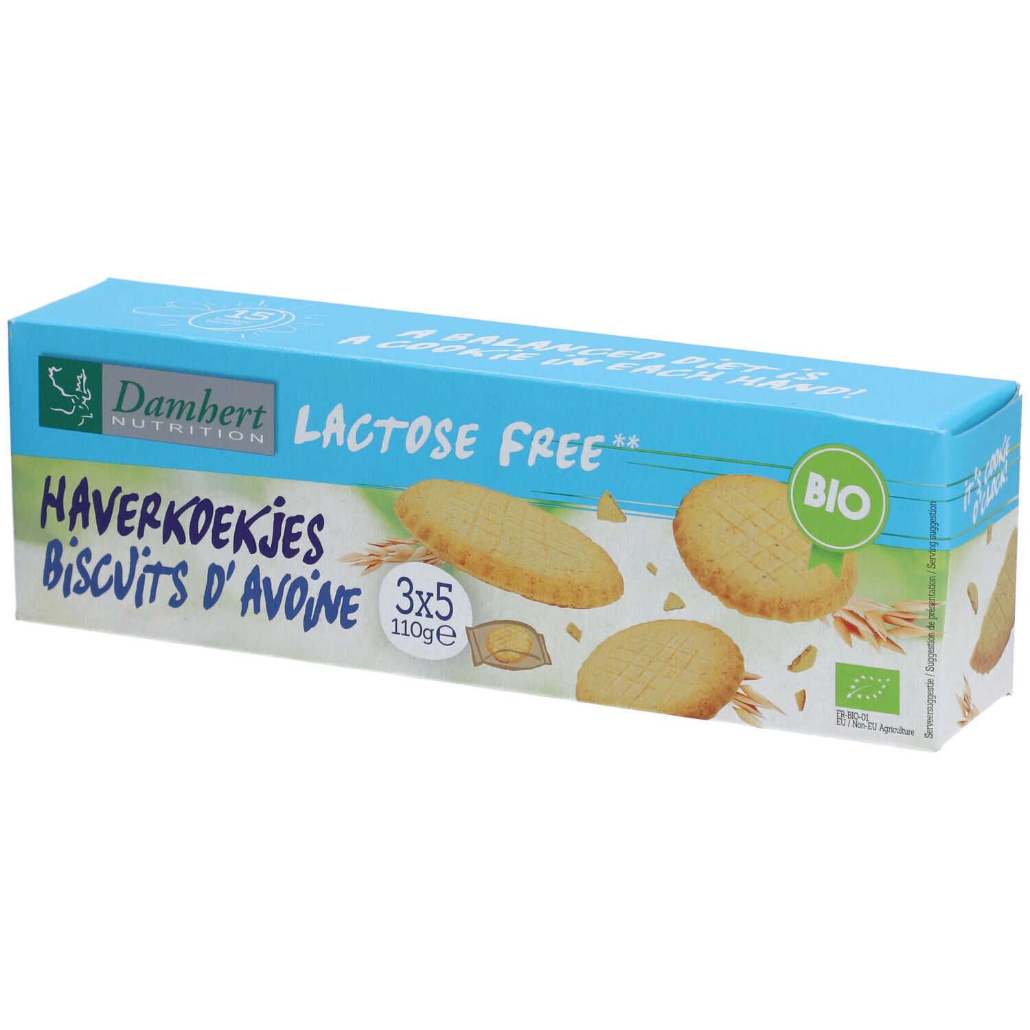 Blau-weiße Verpackung mit Keksen. Aufschrift: Laktosefrei, Haferkekse, BIO. Einzelne Kekse abgebildet.