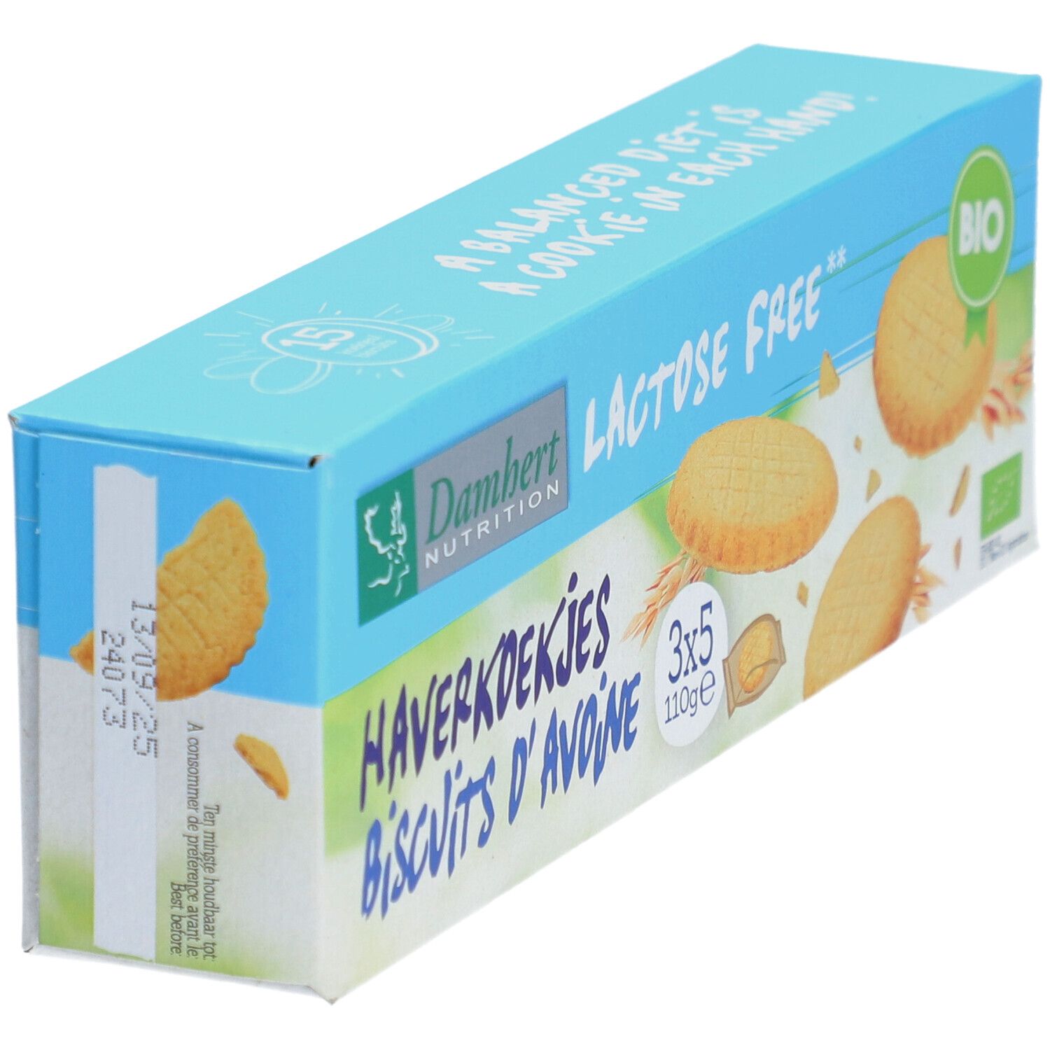 Blau-weiße Verpackung mit Keksen. Aufschrift: Laktosefrei, Haferkekse, BIO. Datumsstempel.