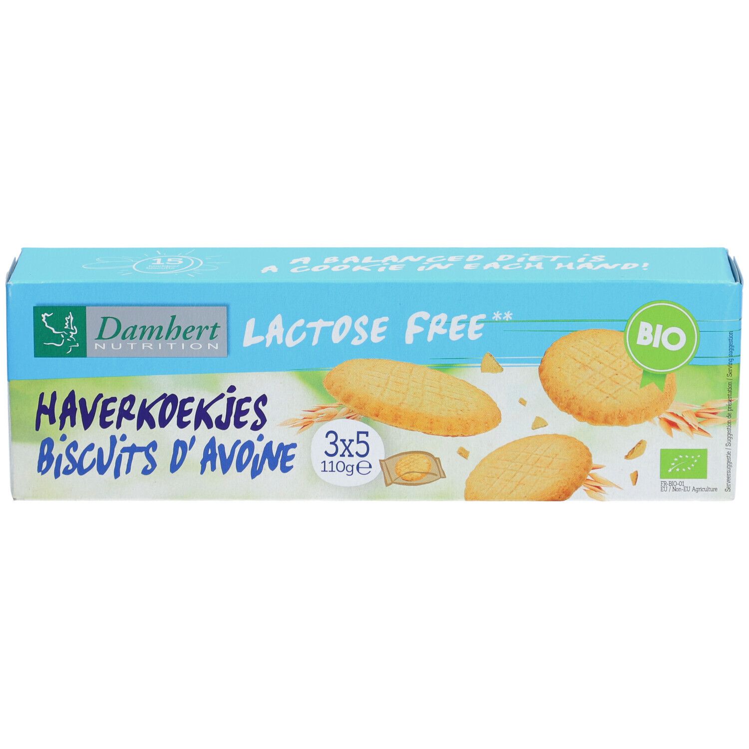 Blau-weiße Verpackung mit Keksen. Aufschrift: Laktosefrei, Haferkekse, BIO. Einzelne Kekse abgebildet.
