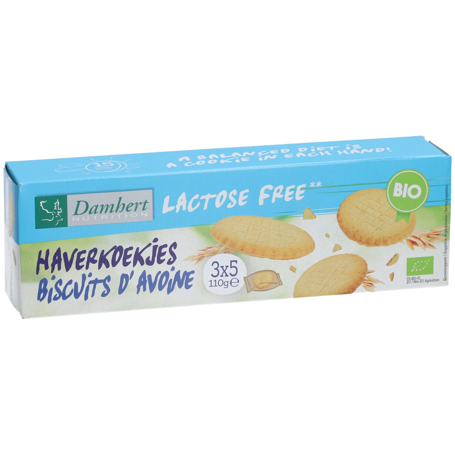 Blau-weiße Verpackung mit Keksen. Aufschrift: Laktosefrei, Haferkekse, BIO. Einzelne Kekse abgebildet.