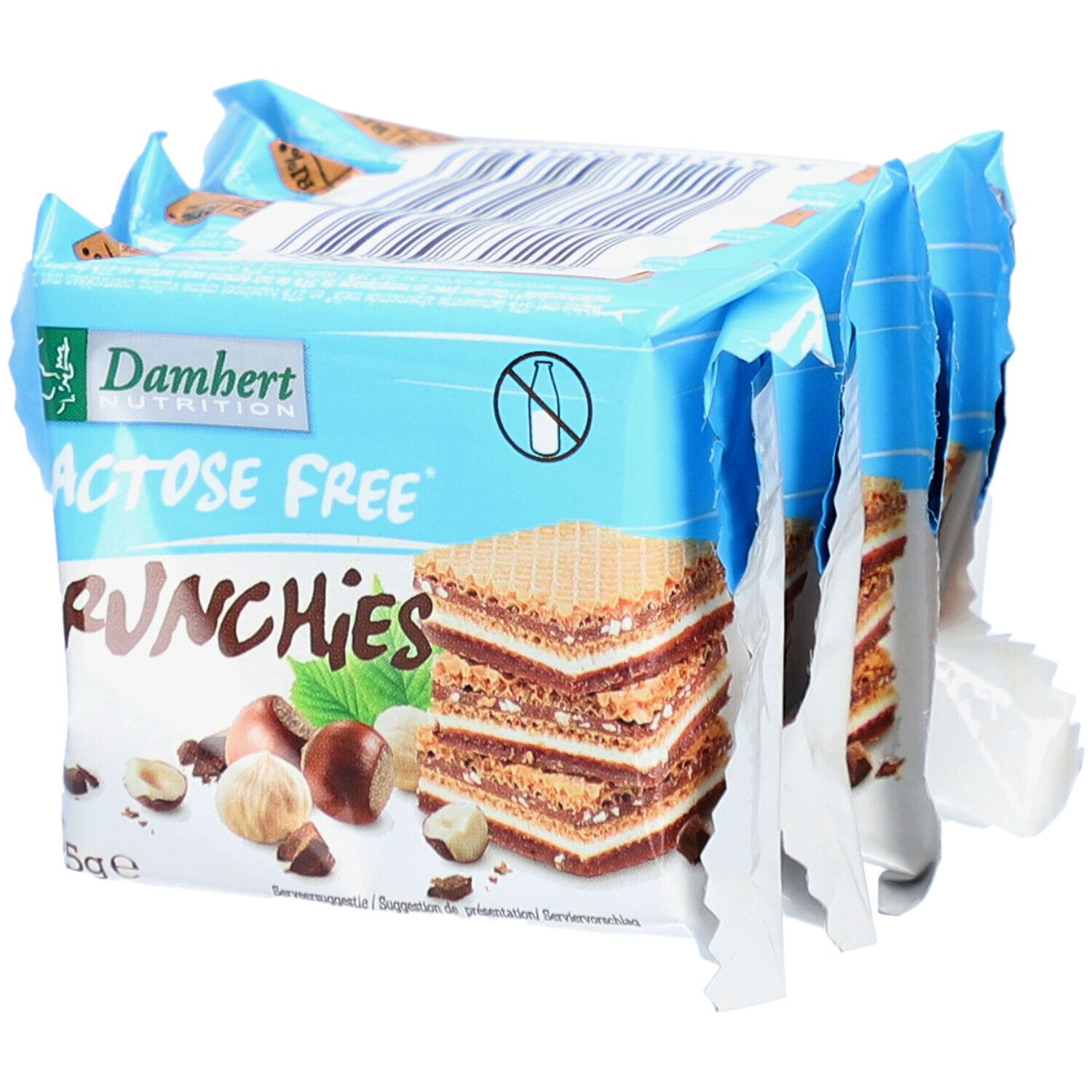Damhert Crunchies sans lactose, en paquet. Image de gaufrettes aux noisettes. Emballage bleu avec logo du produit.