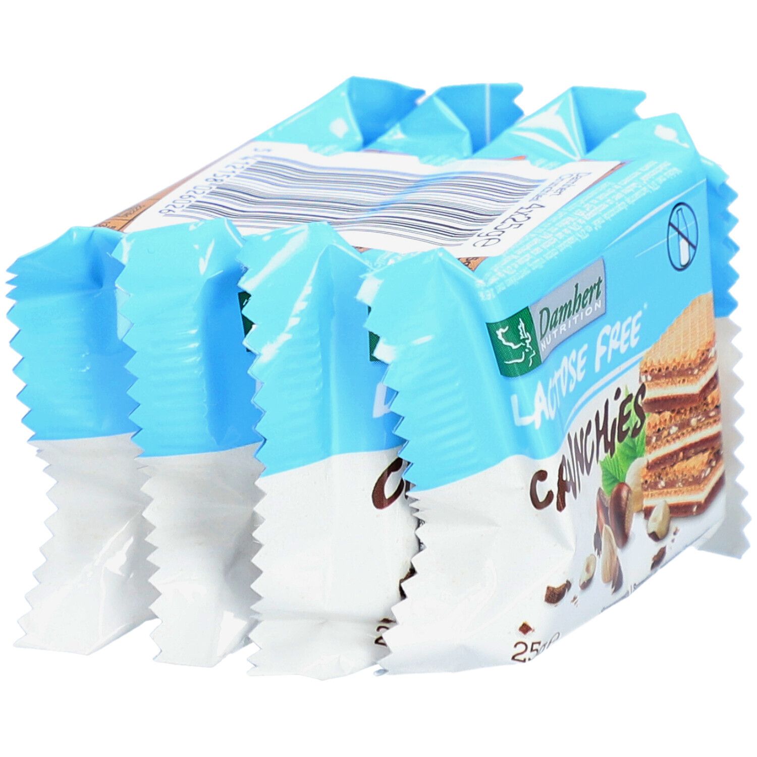 Damhert Crunchies sans lactose, en paquet. Emballage bleu avec logo et image de gaufrette. Plusieurs paquets.