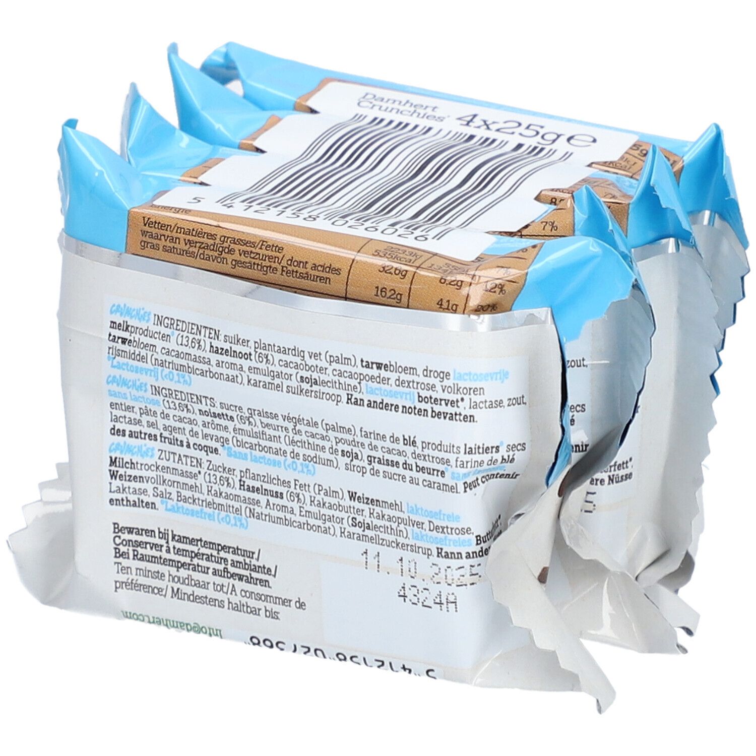 Damhert Crunchies sans lactose, en paquet. Dos de l'emballage avec liste des ingrédients et code-barres. Plusieurs paquets.