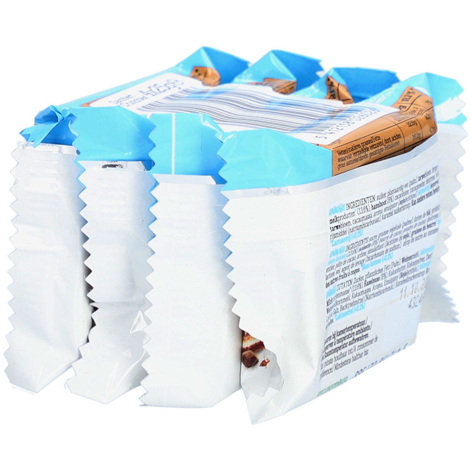 Damhert Crunchies sans lactose, en paquet. Plusieurs paquets, partiellement ouverts. Liste des ingrédients visible.