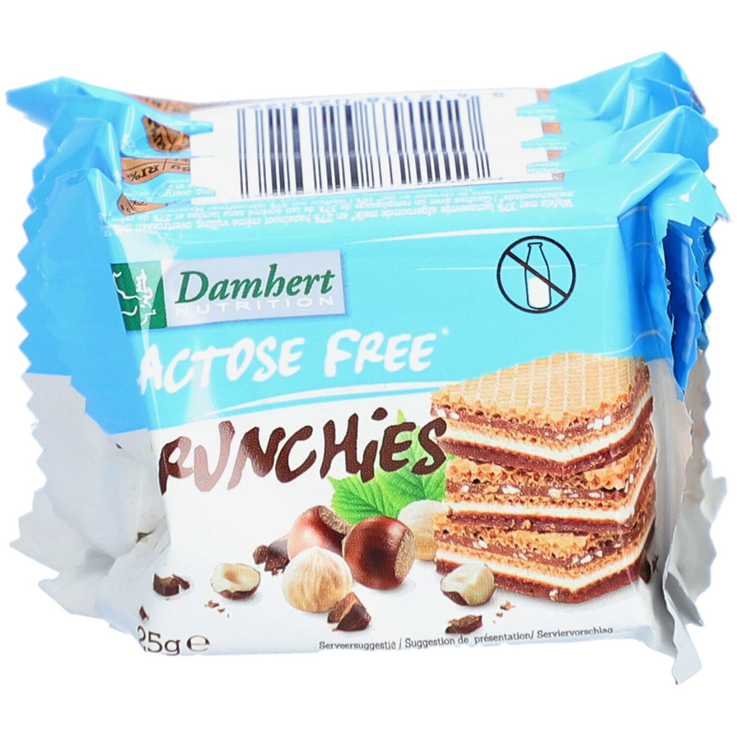 Damhert Crunchies sans lactose, en paquet. Emballage bleu avec logo et image de gaufrette. 25g.