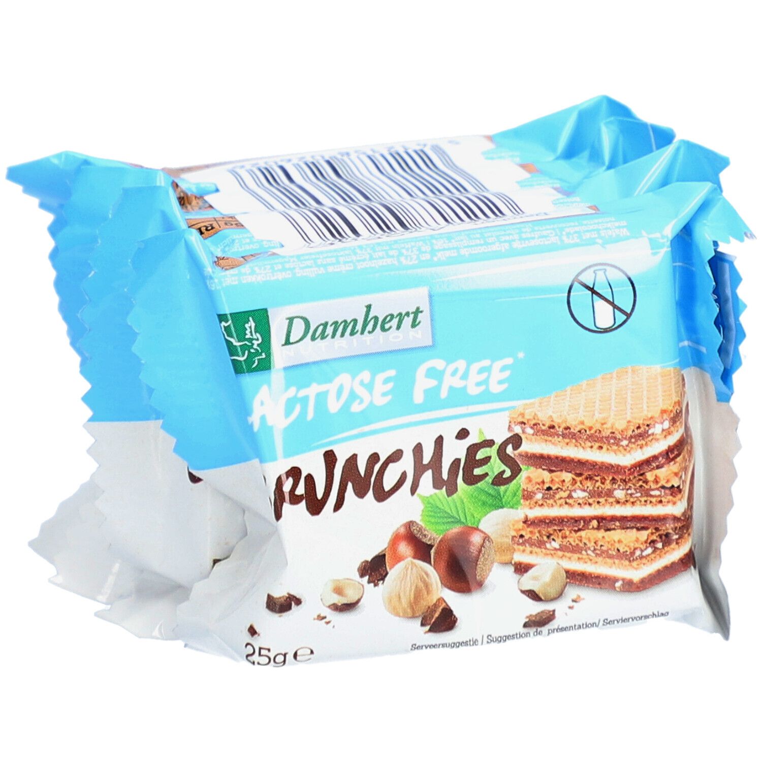 Damhert Crunchies sans lactose, en paquet. Emballage bleu avec logo et image de gaufrette. 25g.