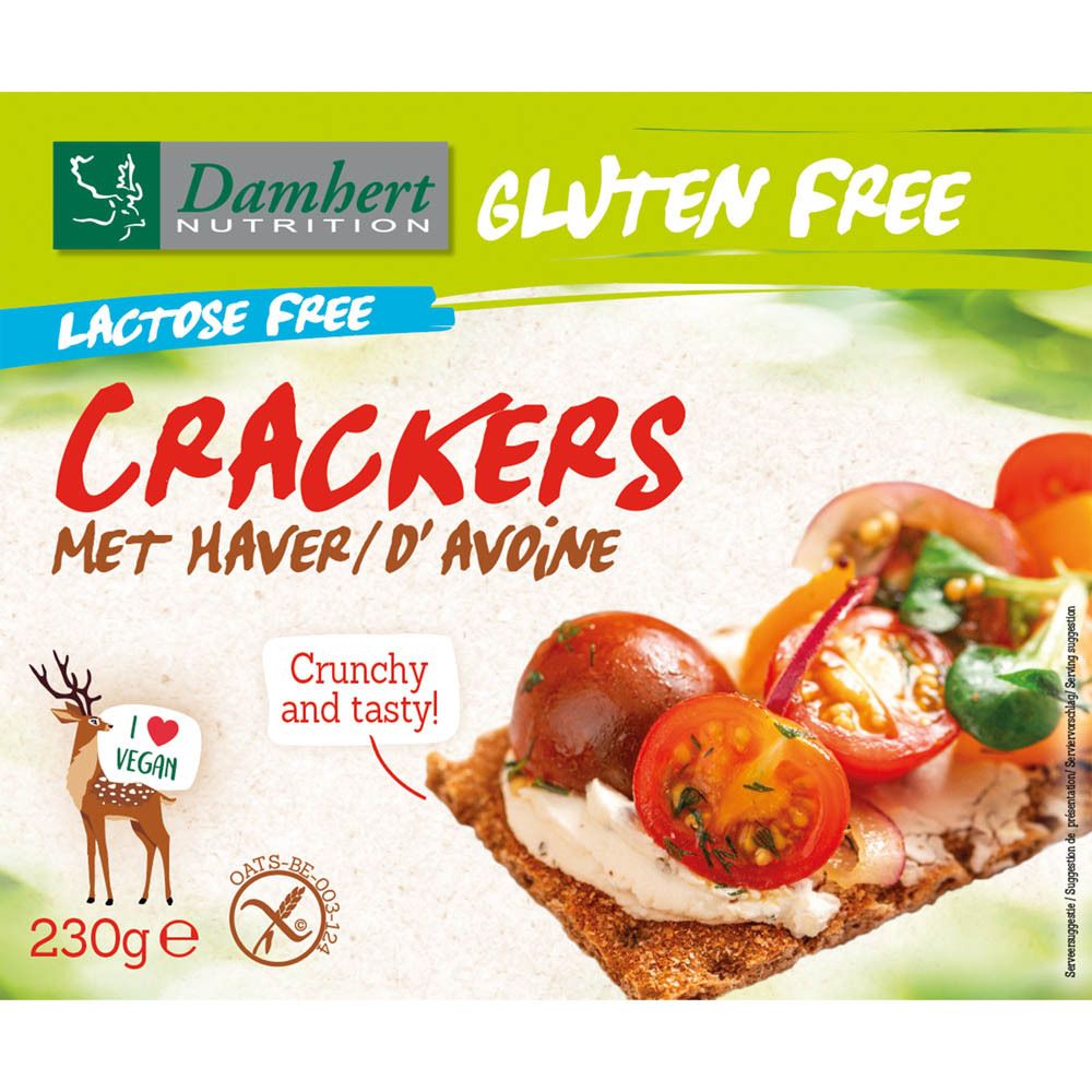 Boîte de crackers Damhert. Boîte verte et blanche avec nom du produit, sans gluten, sans lactose. Image de crackers avec tomates.