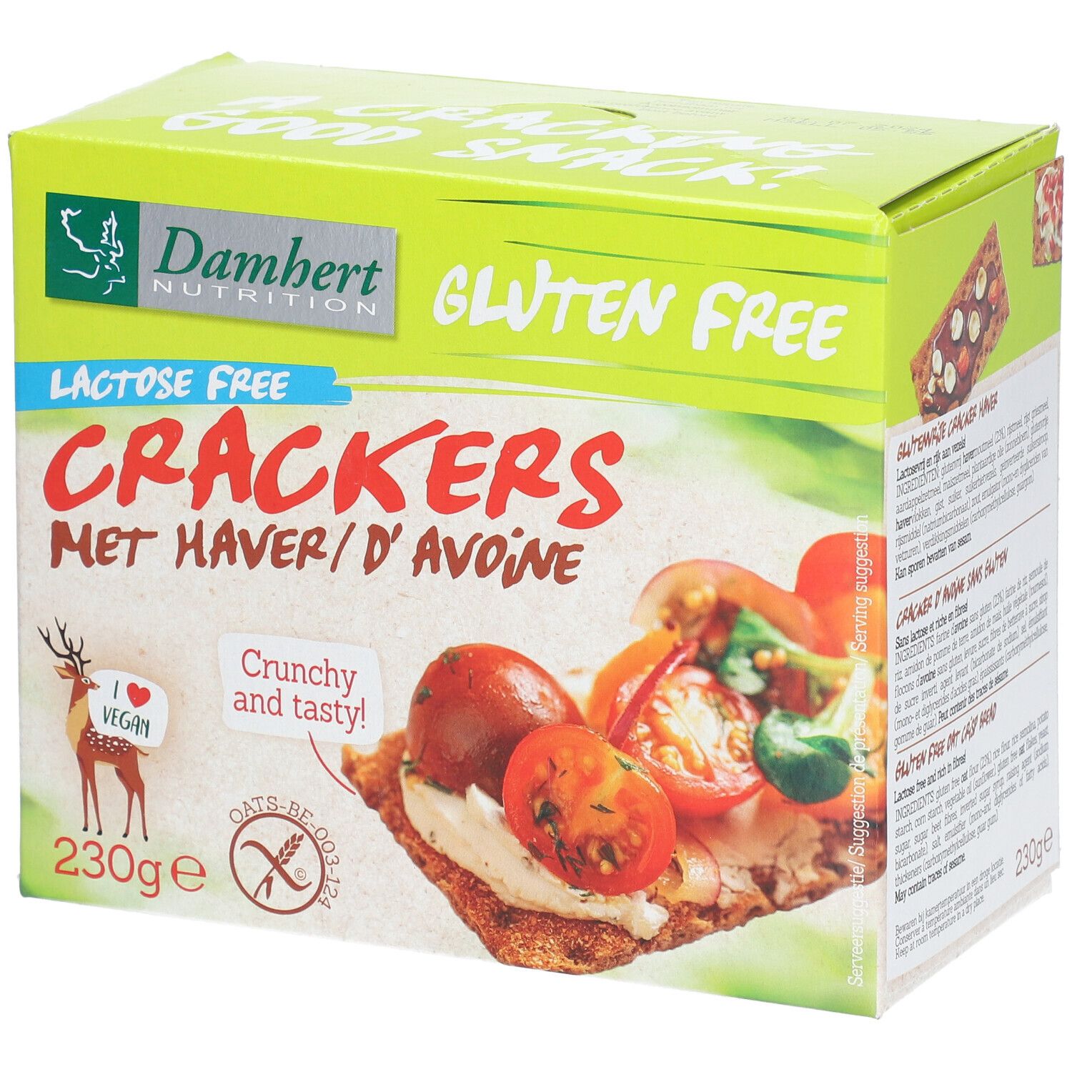 Boîte de crackers Damhert. Boîte verte et blanche avec nom du produit, sans gluten, sans lactose. Image de crackers avec tomates.