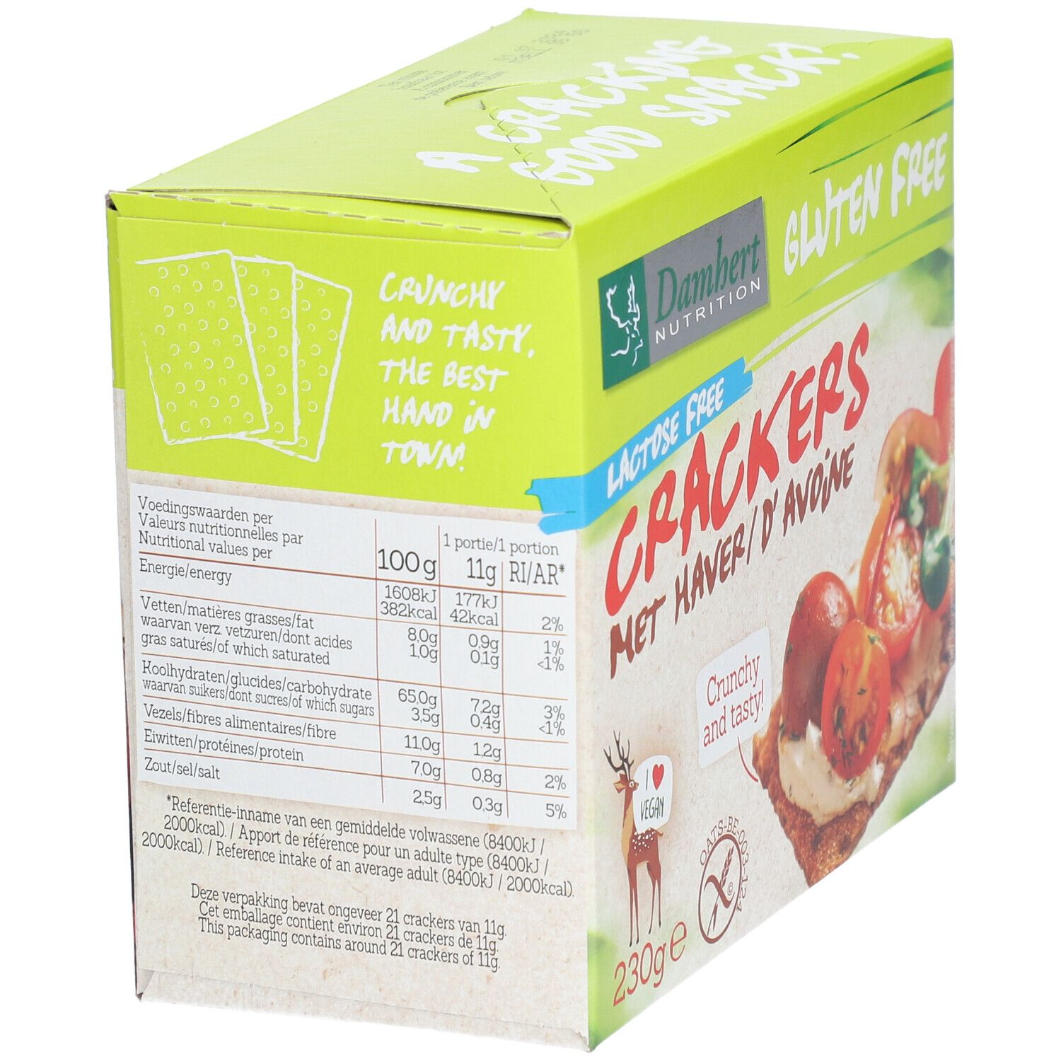 Emballage de crackers Damhert. Boîte verte et blanche avec informations nutritionnelles et nom du produit. Sans gluten, sans lactose. Dos.