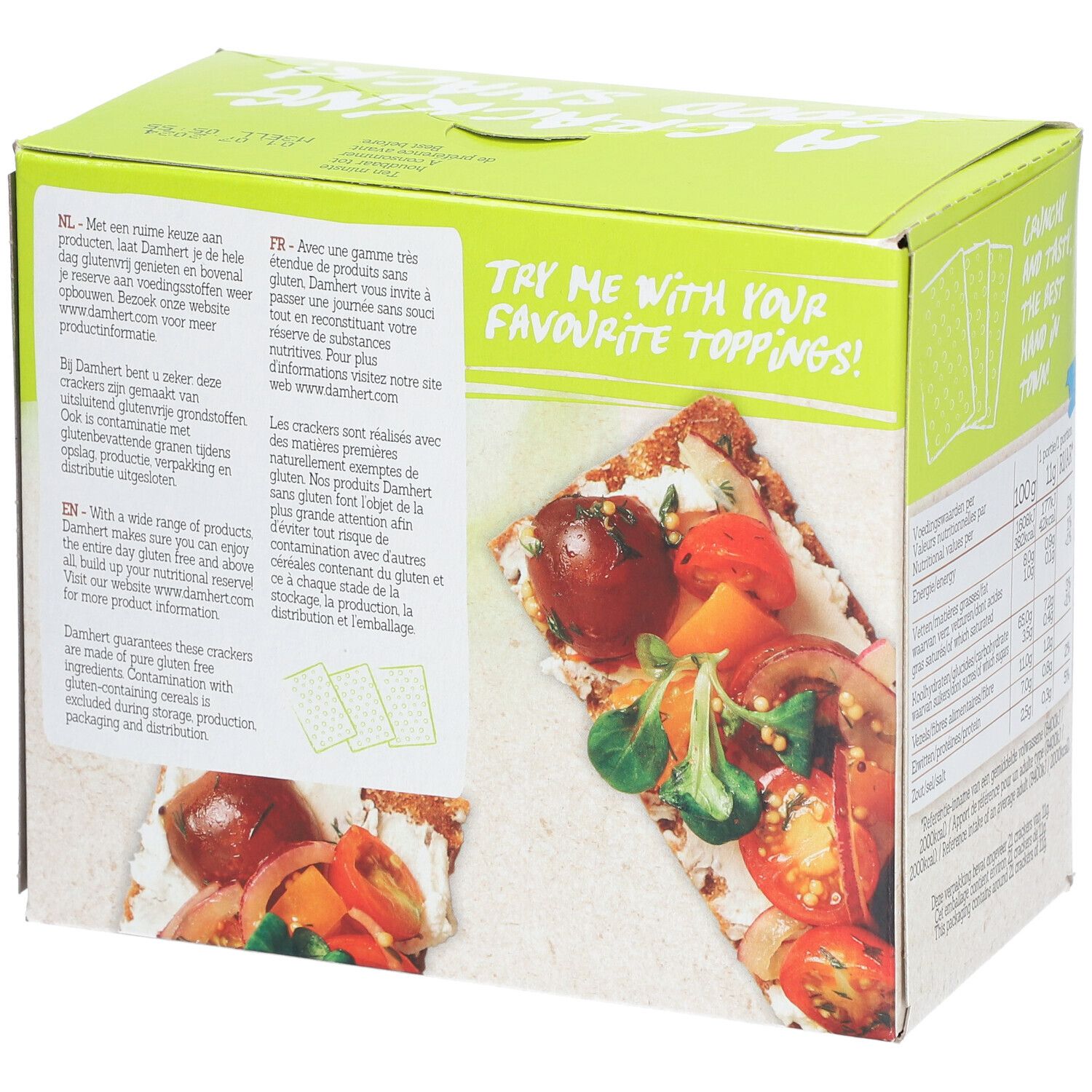 Emballage de crackers Damhert. Boîte verte et blanche avec nom du produit et texte. Sans gluten, sans lactose. Dos avec crackers.