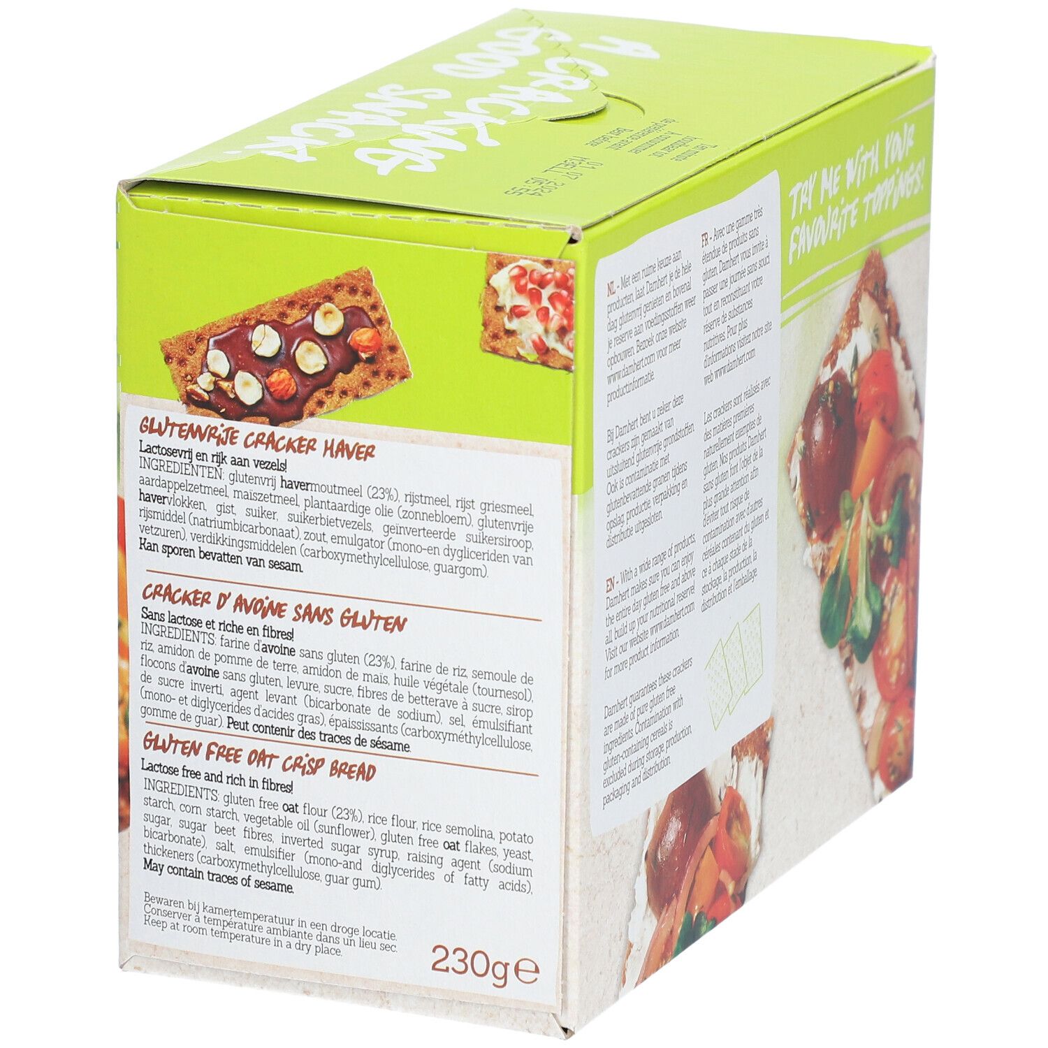 Emballage de crackers Damhert. Boîte verte et blanche avec liste des ingrédients et nom du produit. Sans gluten, sans lactose. Dos.