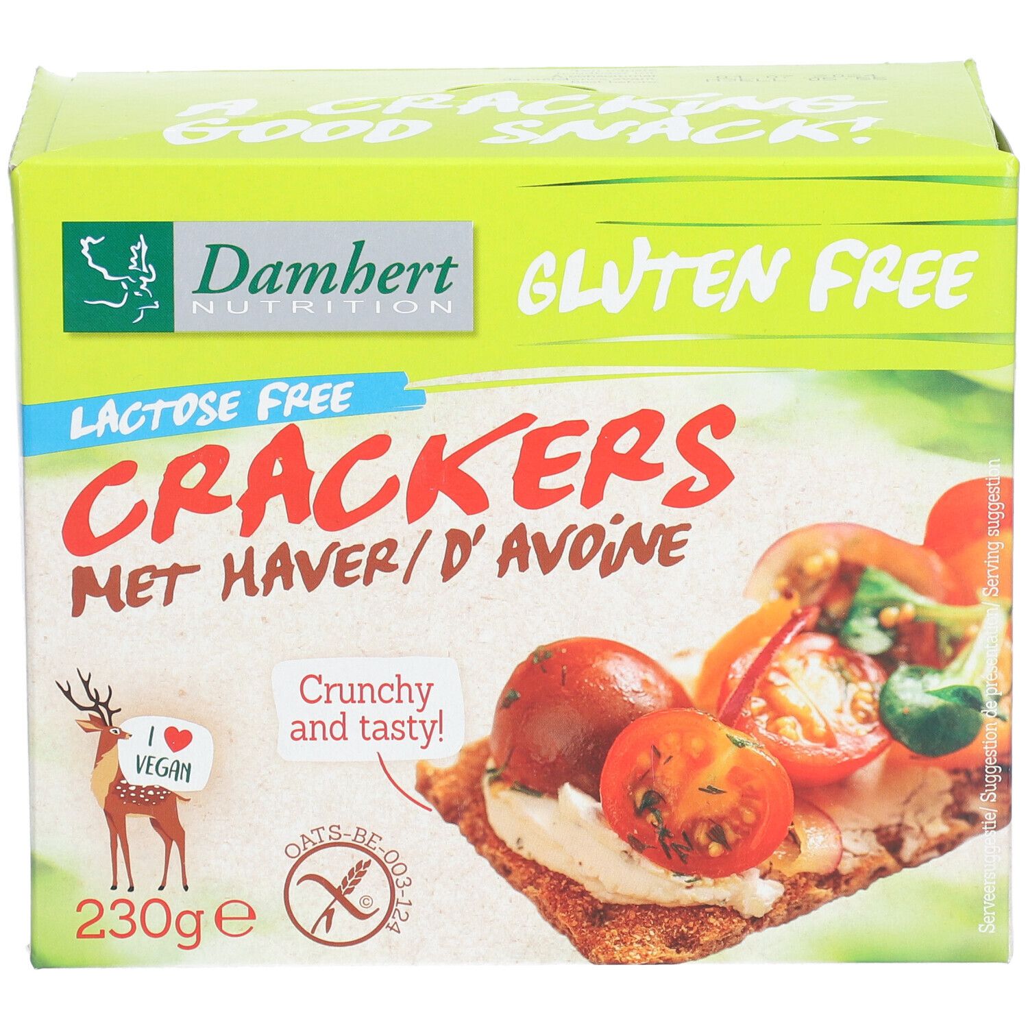 Boîte de crackers Damhert. Boîte verte et blanche avec nom du produit, sans gluten, sans lactose. Image de crackers avec tomates.