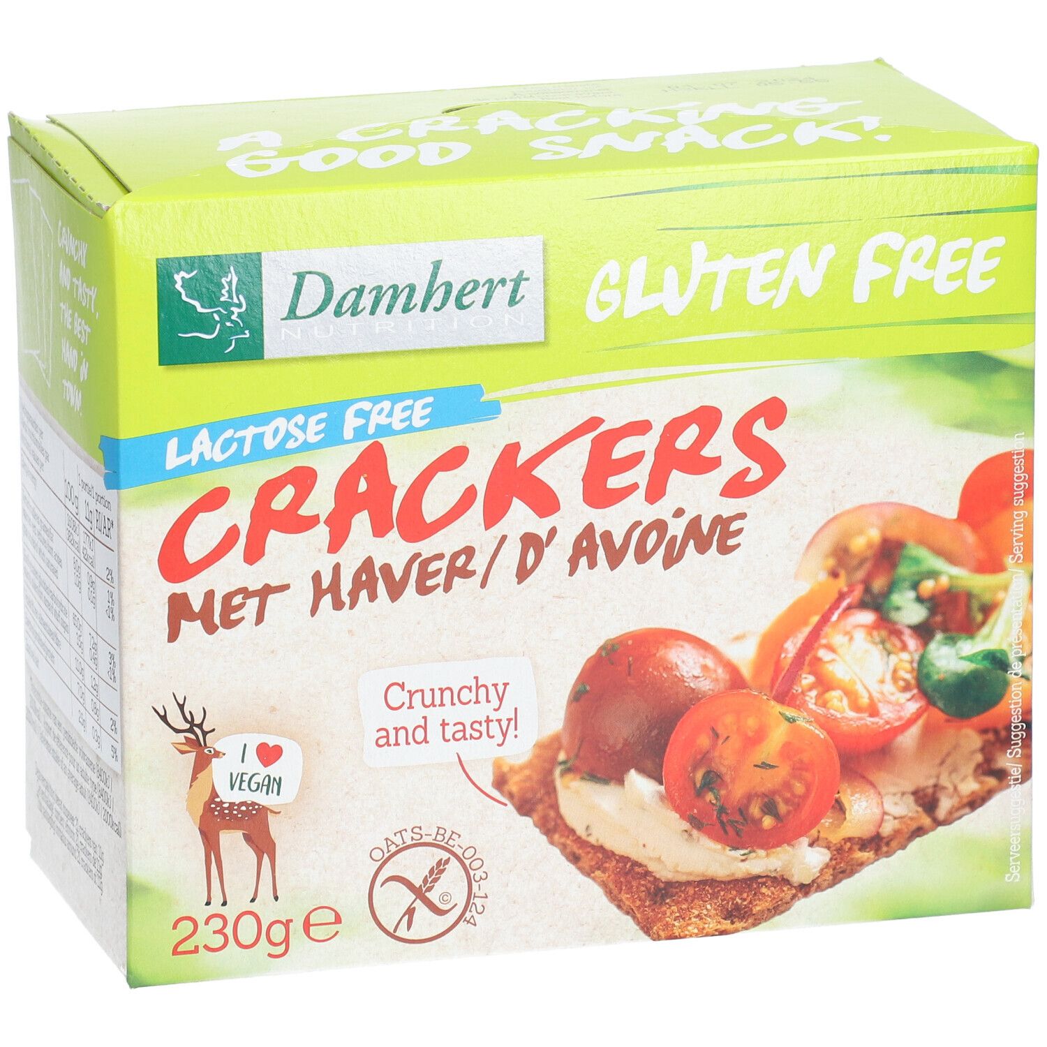 Boîte de crackers Damhert. Boîte verte et blanche avec nom du produit, sans gluten, sans lactose. Image de crackers avec tomates.