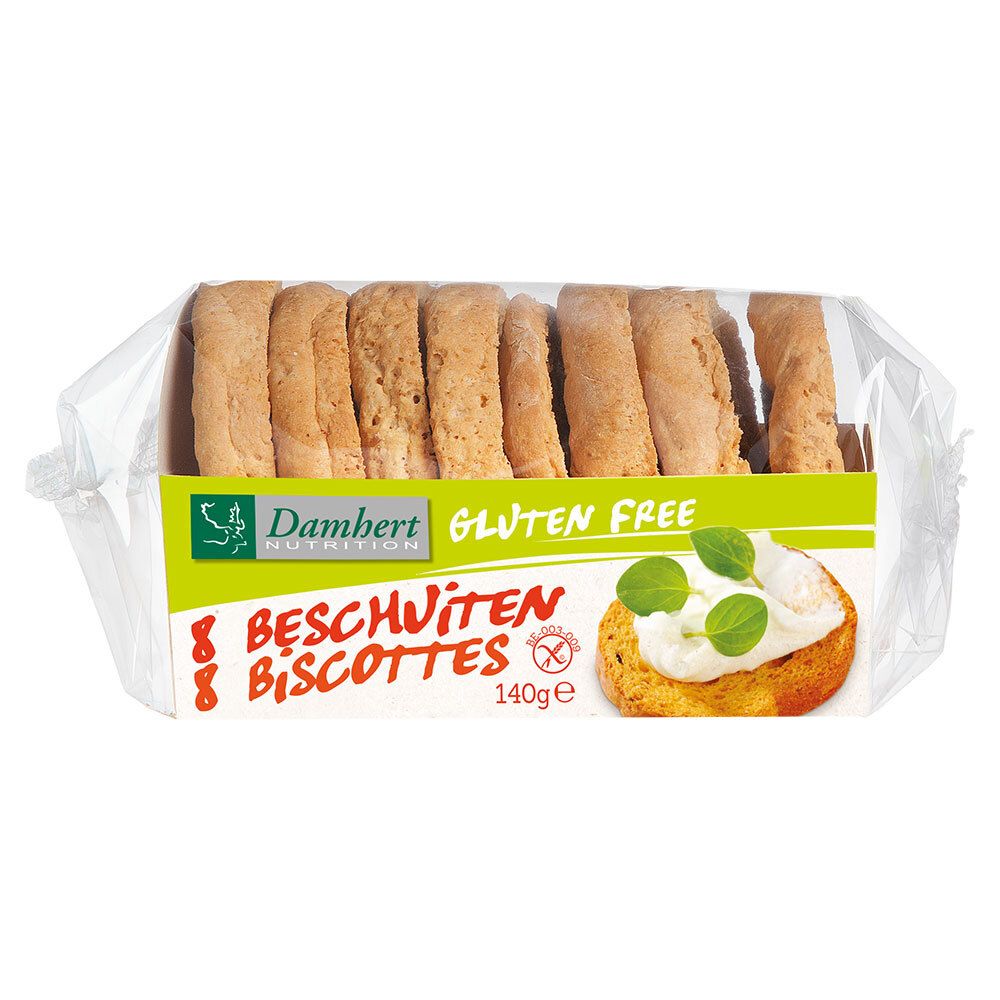 Paquet de 8 biscottes sans gluten. Marque Damhert Nutrition. Inscription : Gluten Free.