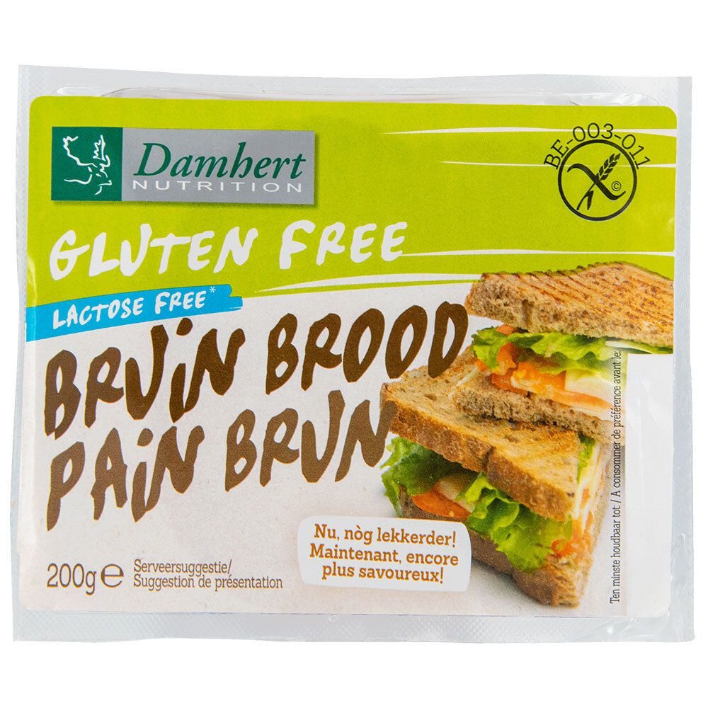 Verpakking Damhert bruin brood. Glutenvrij, lactosevrij. Opschrift: 200g. Afbeelding van een sandwich.
