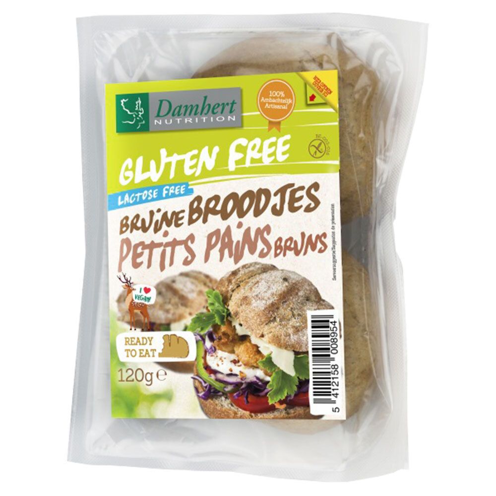 Verpakking met glutenvrije, lactosevrije bruine broodjes. Opschriften: Damhert Nutrition, Gluten Free, Bruine Broodjes, Petits Pains Bruns.