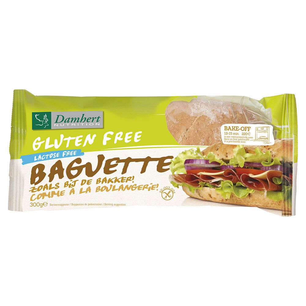 Verpakking Damhert Baguette glutenvrij en lactosevrij. Groen-witte verpakking met productafbeelding en opschrift 'Gluten Free Baguette'.