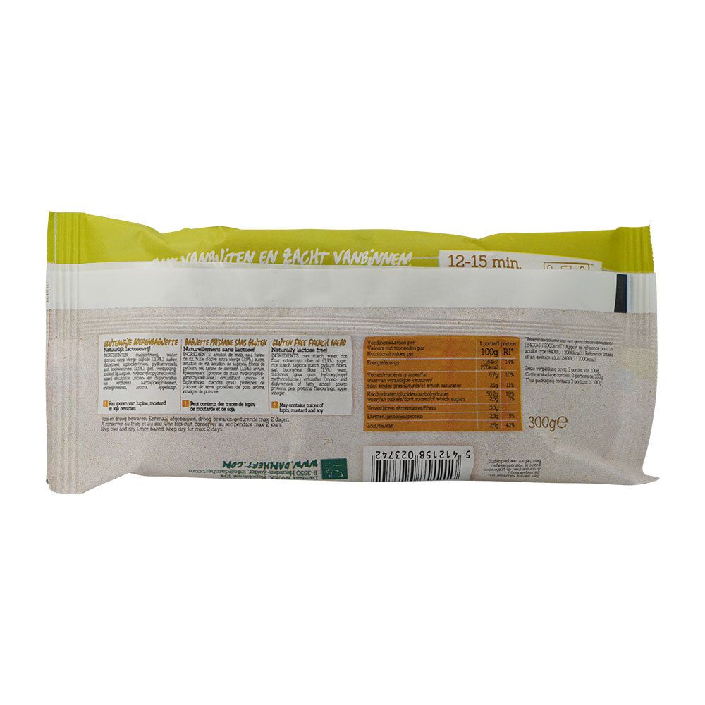 Achterkant van de Damhert Baguette verpakking. Tekst in meerdere talen, voedingswaarde en gewicht 300g.