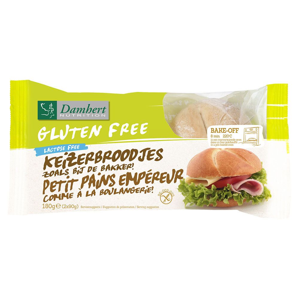 Verpakking glutenvrije broodjes. Merk Damhert. Opschrift: Gluten Free, Lactose Free. Afbeelding van belegd broodje.