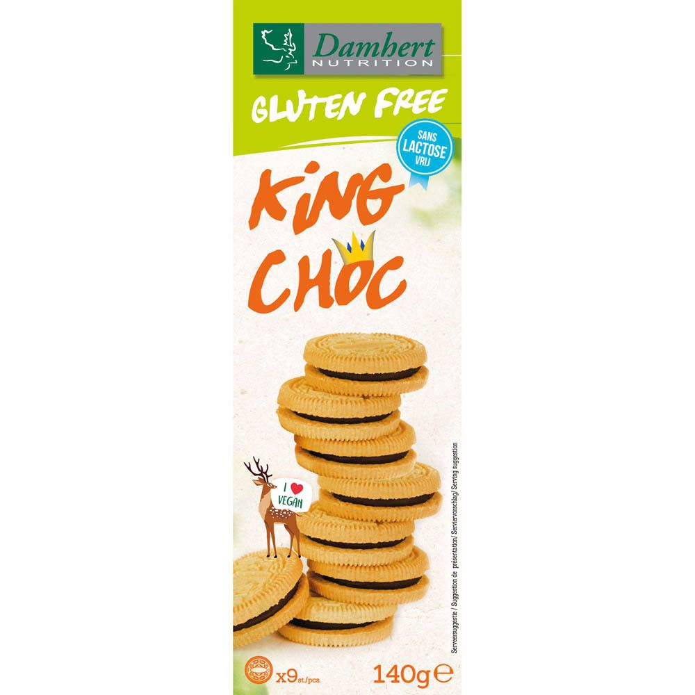 Verpackung von Damhert Kekse. Glutenfrei, laktosefrei. Aufschrift: King Choc. Zeigt Kekse.