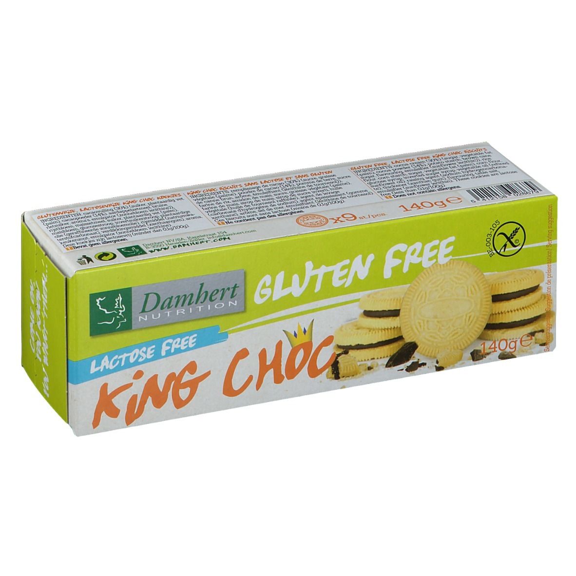 Boîte de biscuits Damhert. Sans gluten, sans lactose. Inscription: King Choc. Montre des biscuits et des ingrédients.