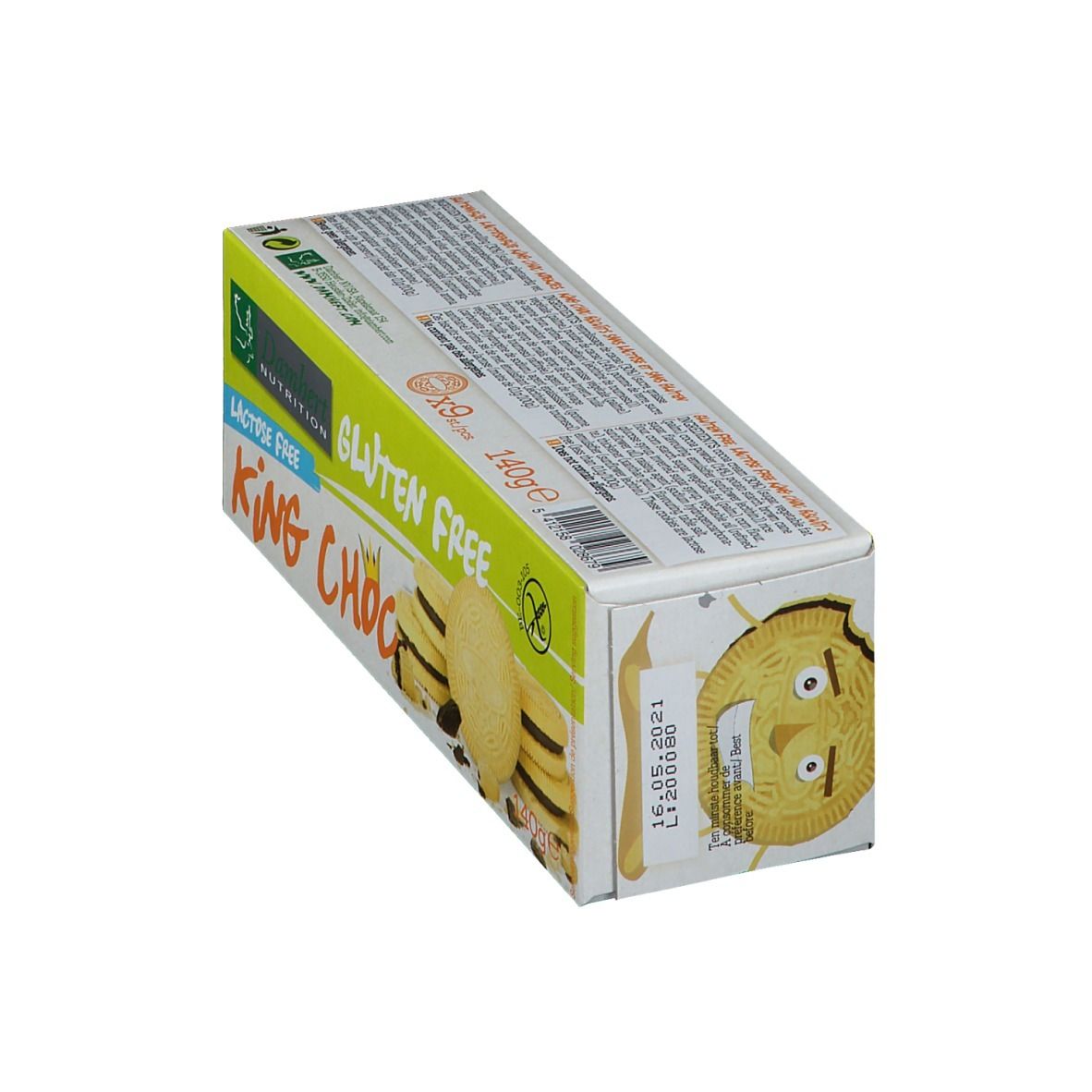 Boîte de biscuits Damhert en biais. Sans gluten, sans lactose. Inscription: King Choc. Montre des biscuits.