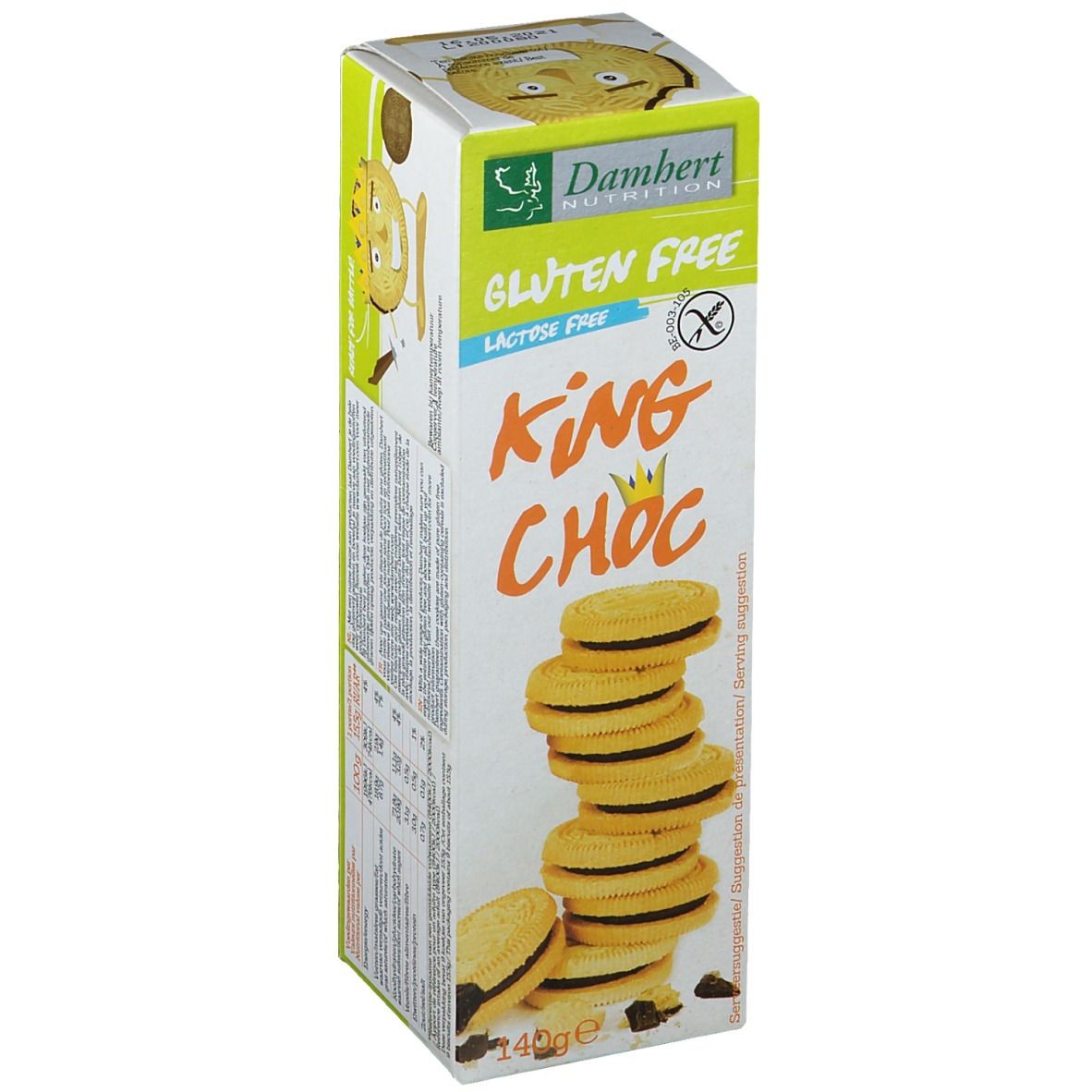 Boîte de biscuits Damhert. Sans gluten, sans lactose. Inscription: King Choc. Montre des biscuits.