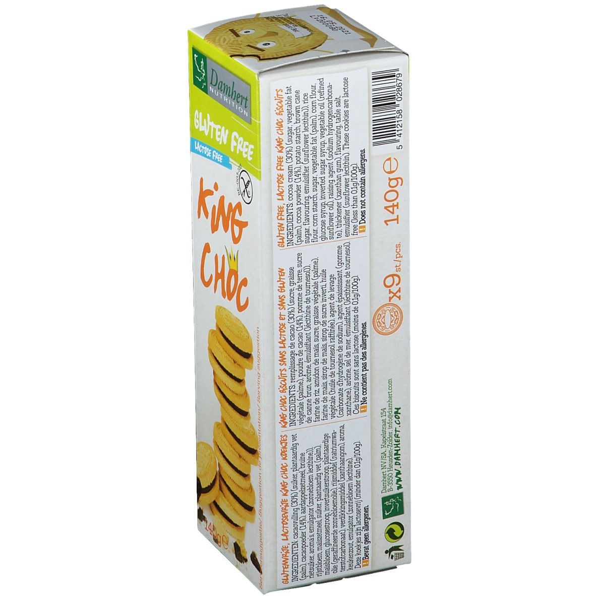 Boîte de biscuits Damhert. Sans gluten, sans lactose. Inscription: King Choc. Montre des biscuits et des ingrédients.