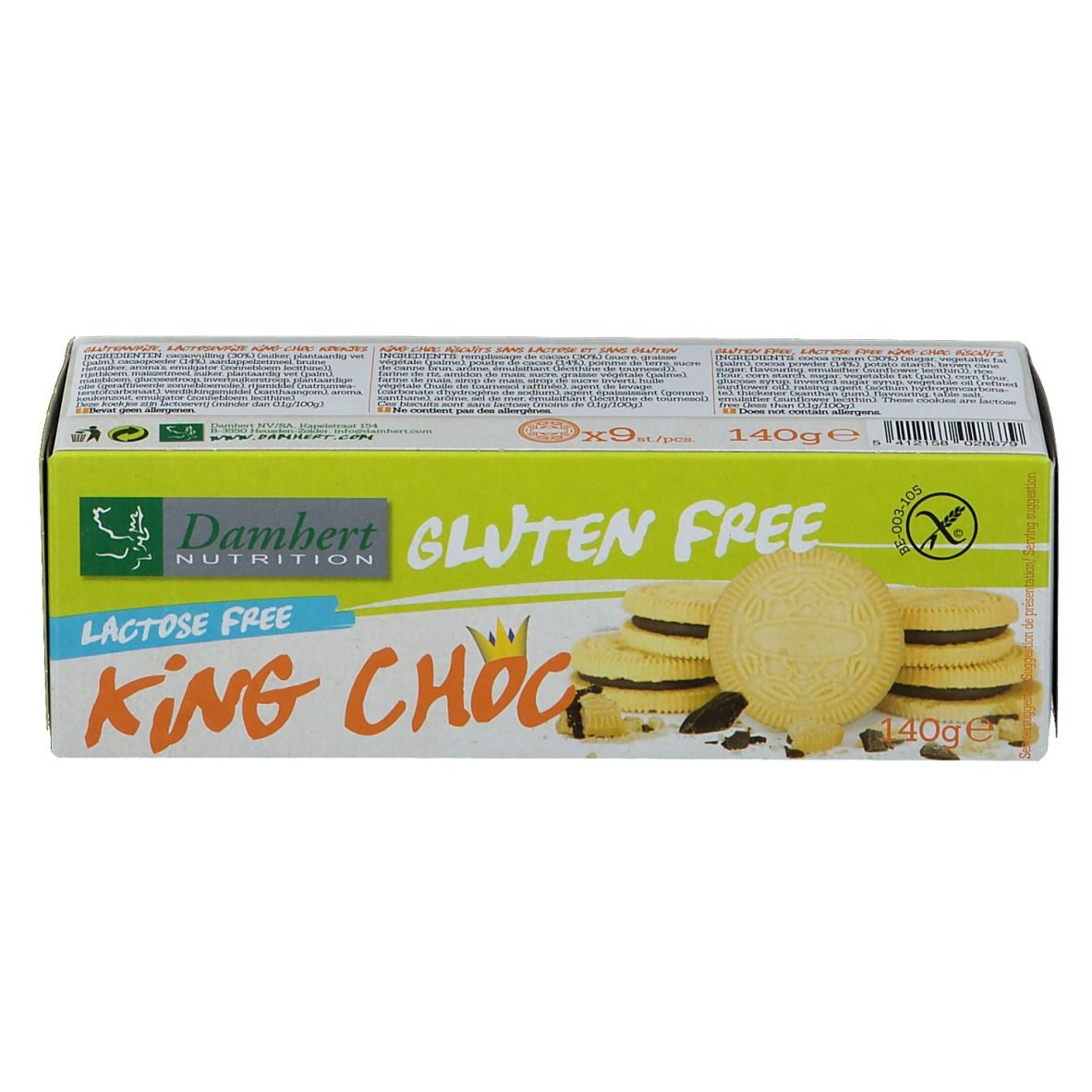 Boîte de biscuits Damhert. Sans gluten, sans lactose. Inscription: King Choc. Montre des biscuits.
