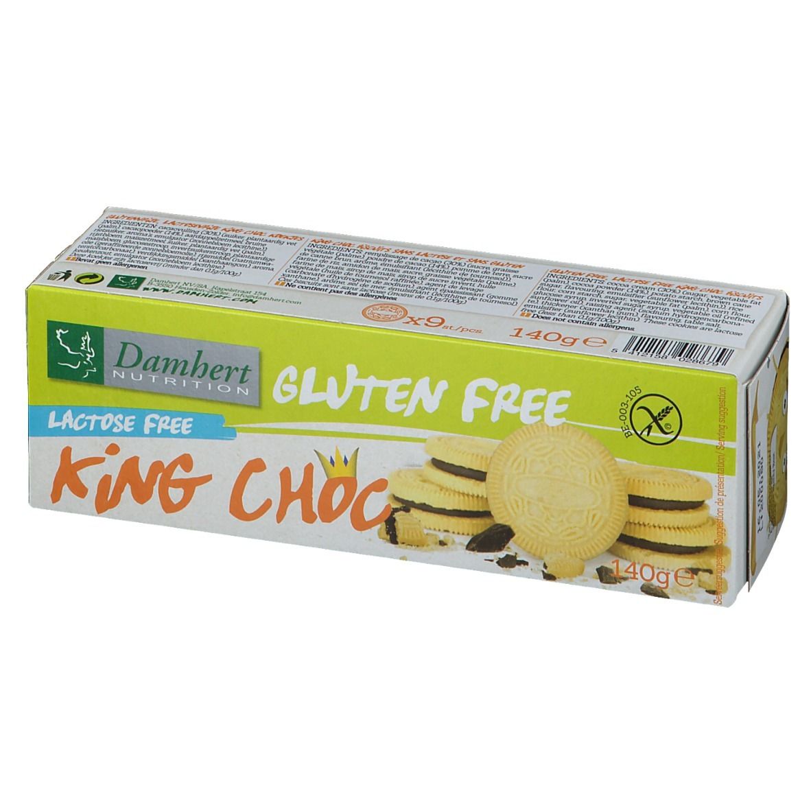 Boîte de biscuits Damhert. Sans gluten, sans lactose. Inscription: King Choc. Montre des biscuits.